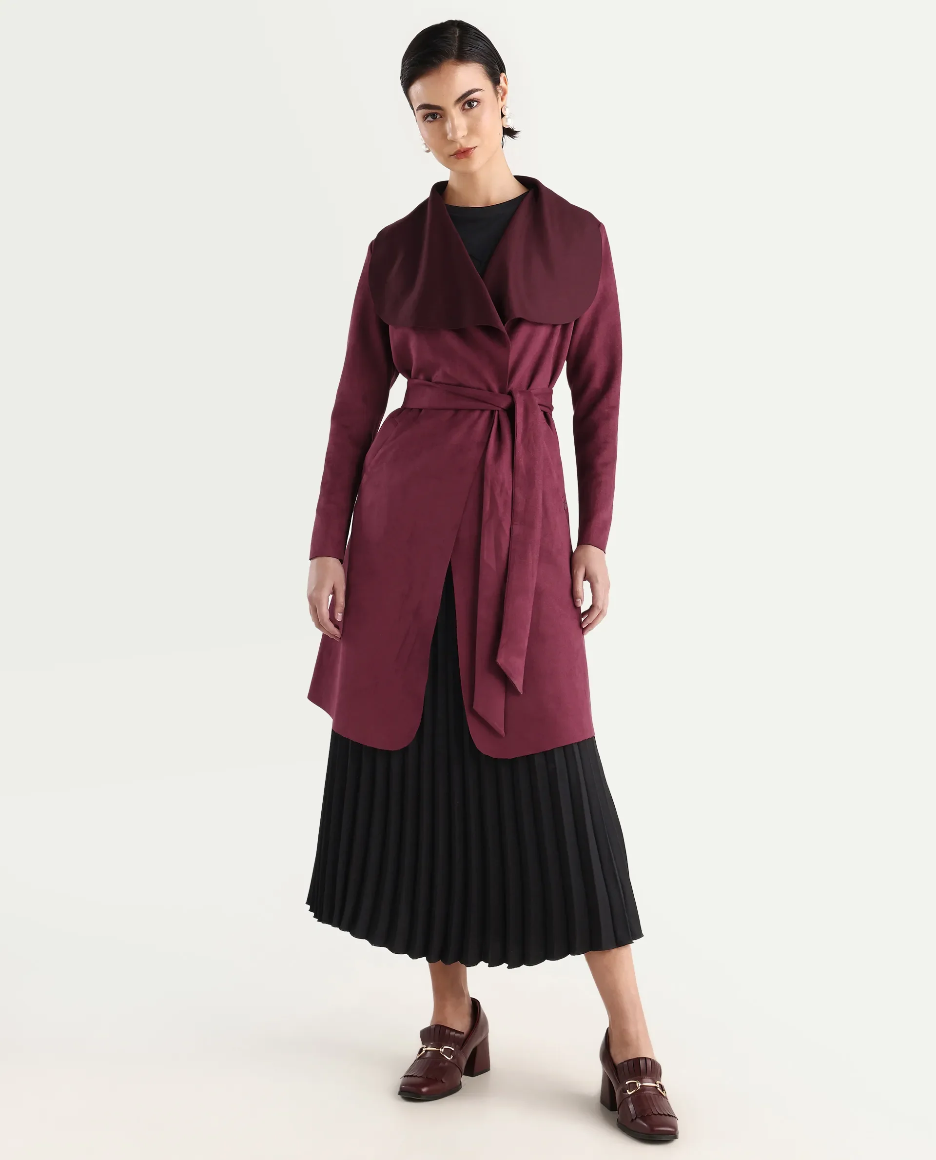 Rareism Women's Palmer 2 Maroon Suede Waterfall Neck Plain Midi Boxy Fit Jacket - Image 3
