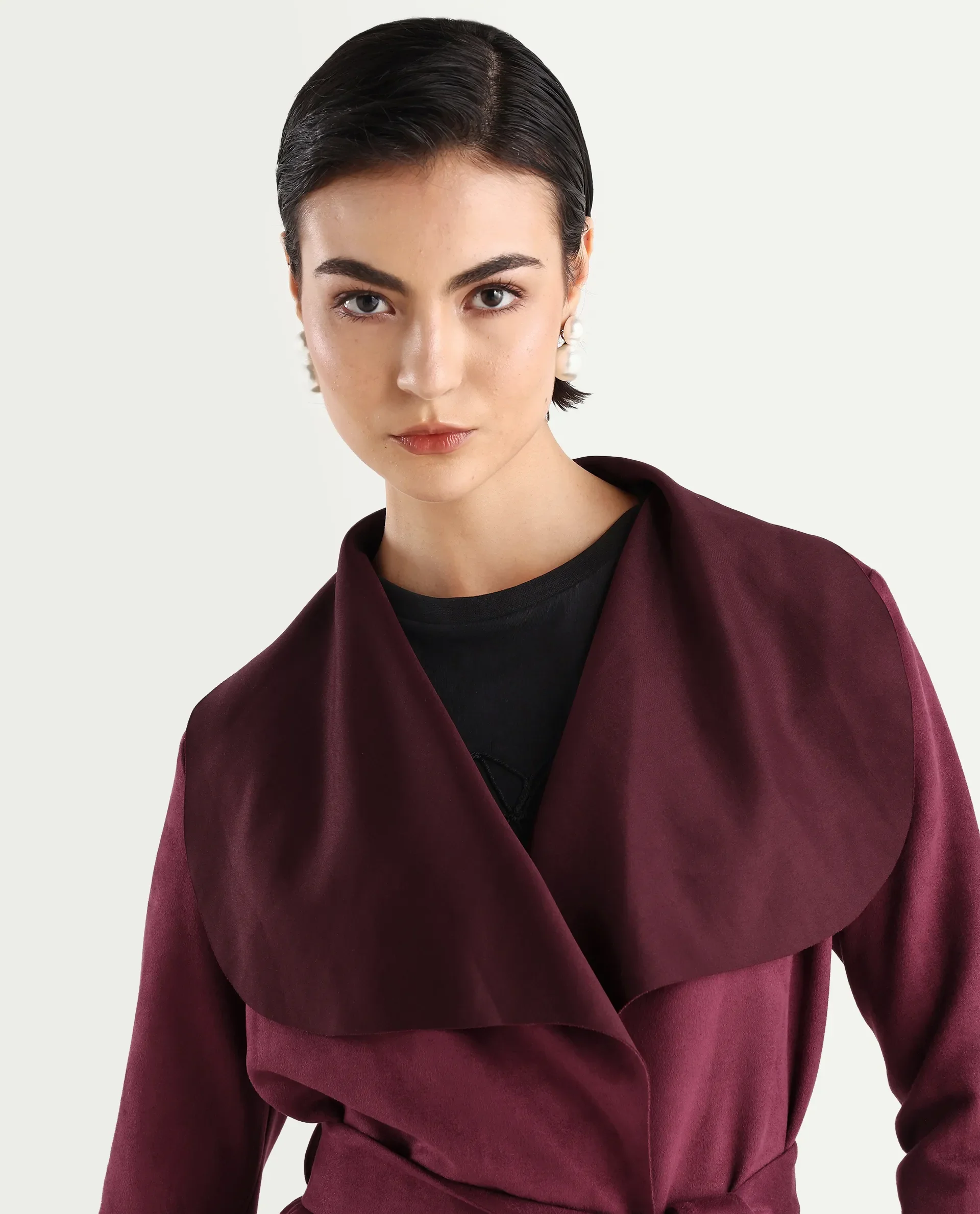 Rareism Women's Palmer 2 Maroon Suede Waterfall Neck Plain Midi Boxy Fit Jacket - Image 4