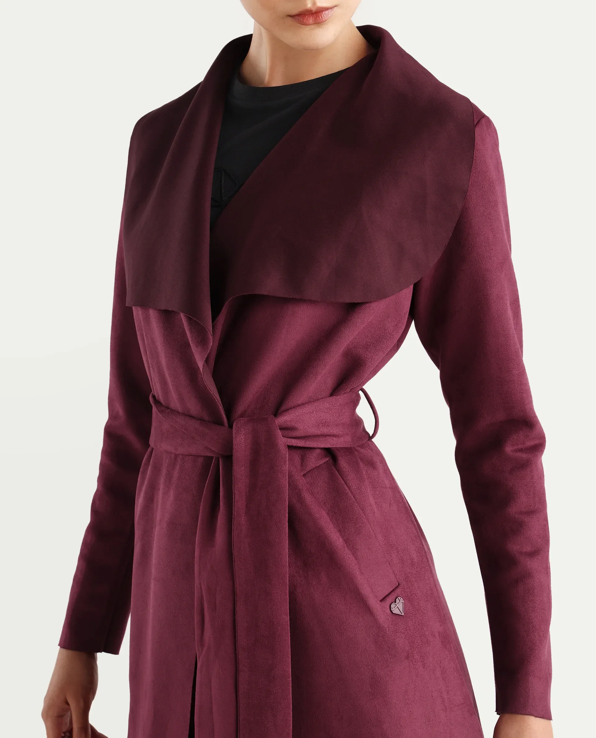 Rareism Women's Palmer 2 Maroon Suede Waterfall Neck Plain Midi Boxy Fit Jacket - Image 5