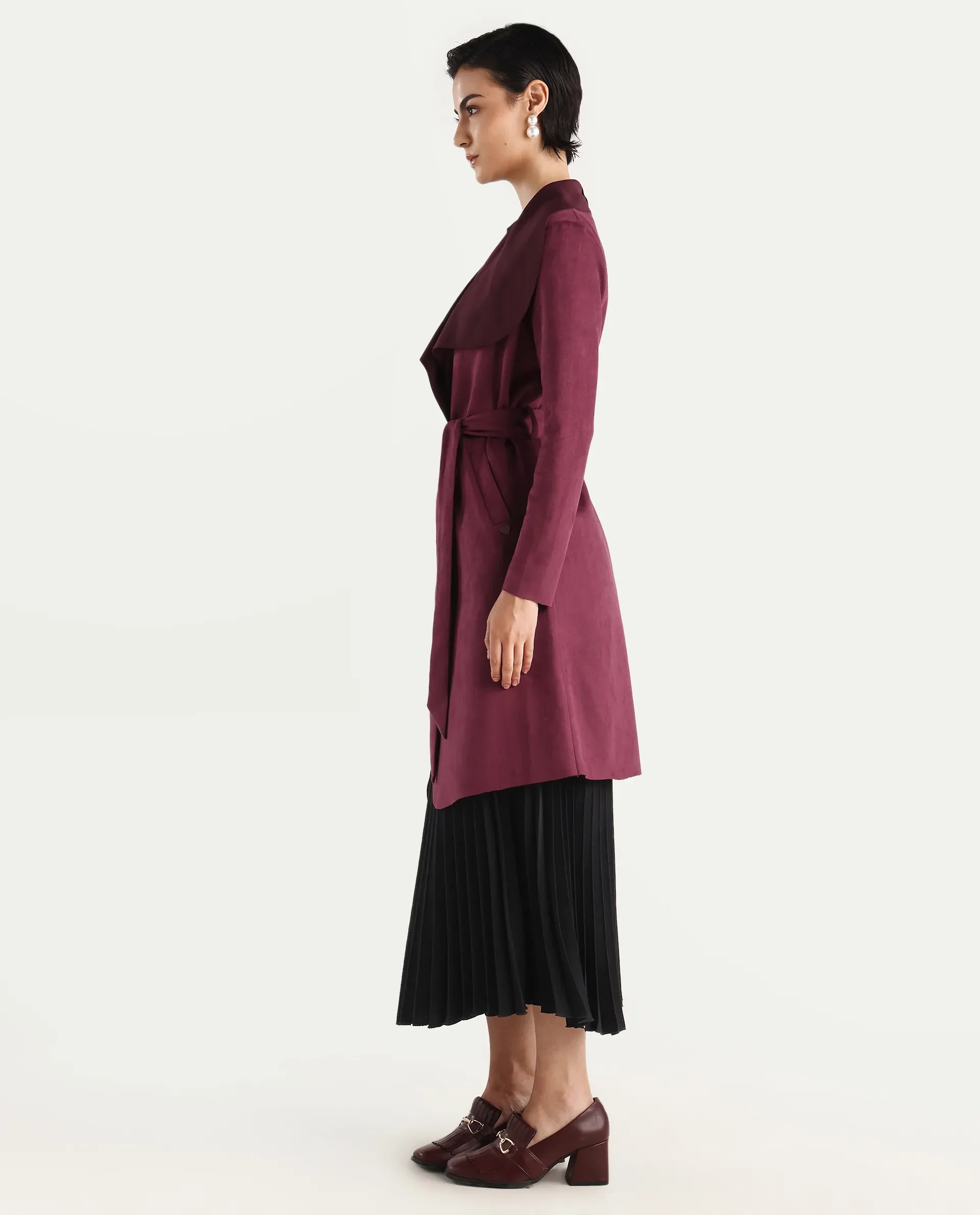 Rareism Women's Palmer 2 Maroon Suede Waterfall Neck Plain Midi Boxy Fit Jacket - Image 6