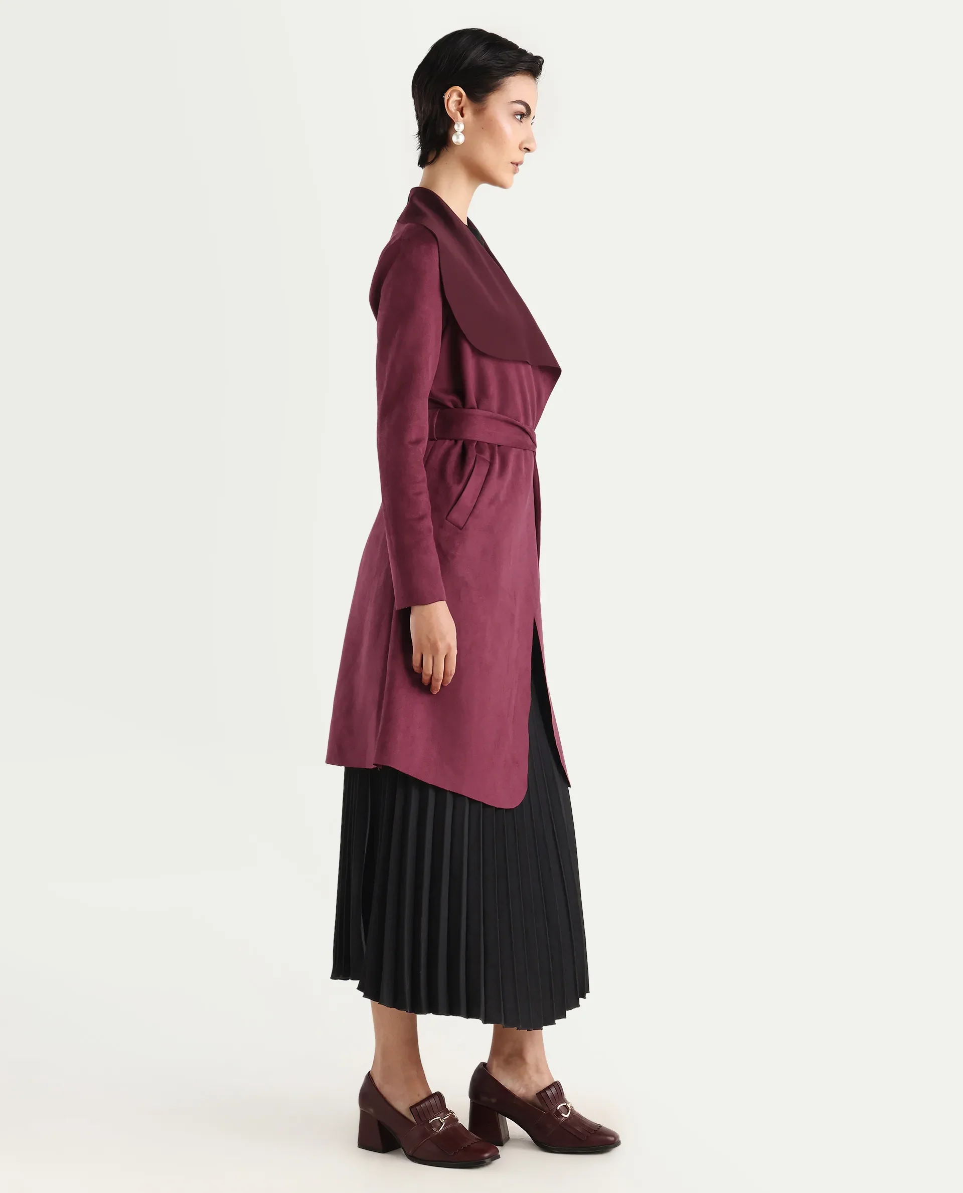 Rareism Women's Palmer 2 Maroon Suede Waterfall Neck Plain Midi Boxy Fit Jacket - Image 7