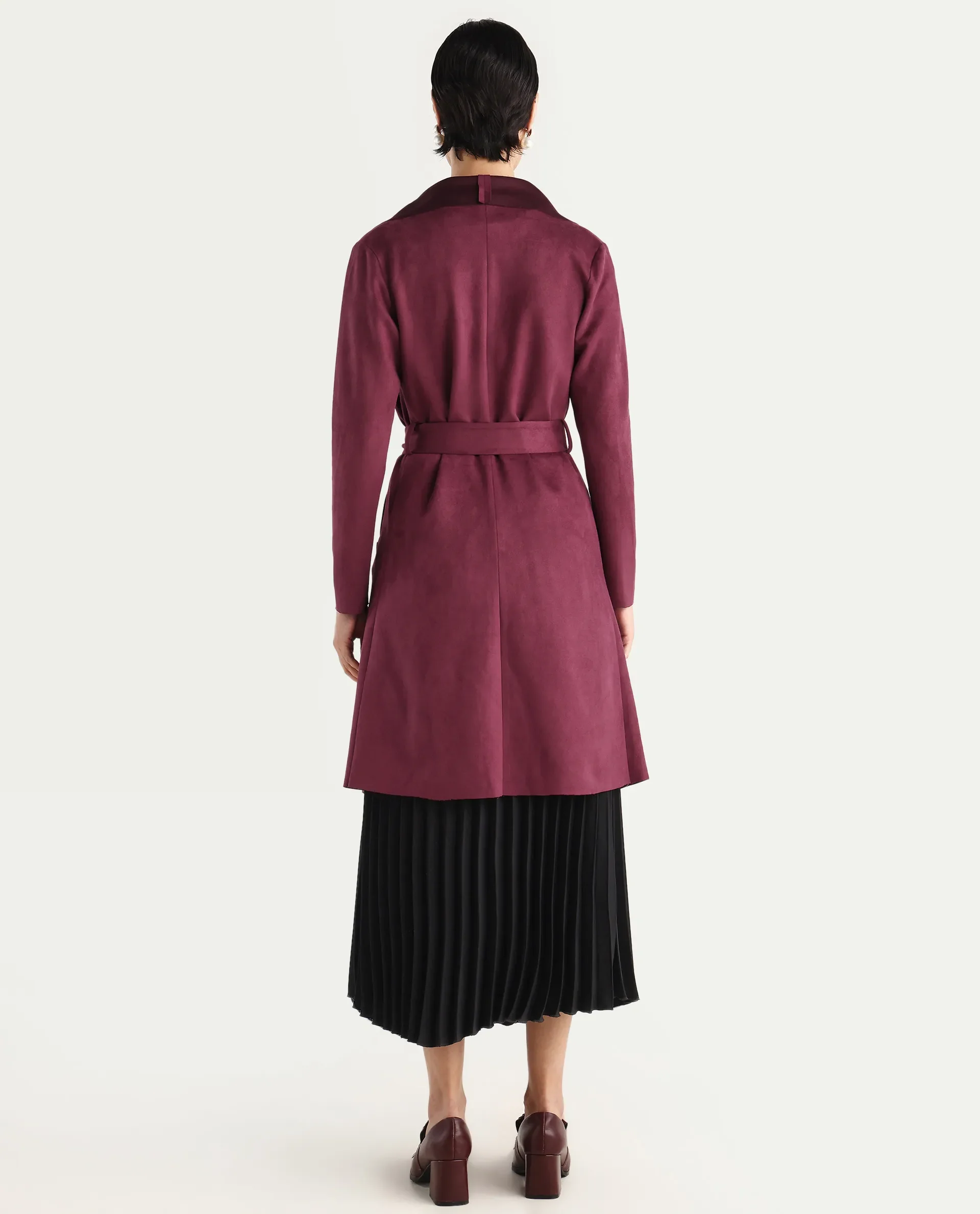 Rareism Women's Palmer 2 Maroon Suede Waterfall Neck Plain Midi Boxy Fit Jacket - Image 8