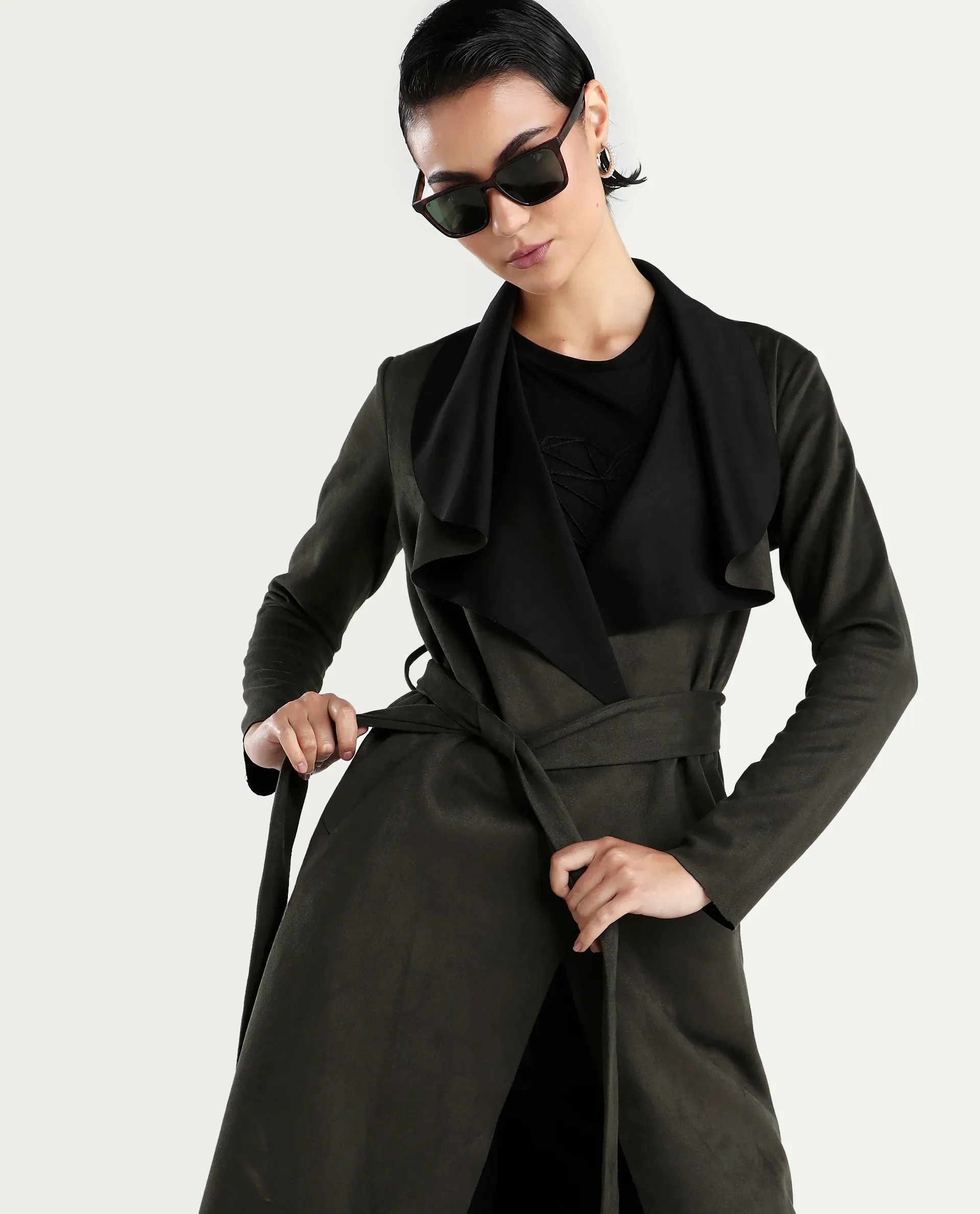 Rareism Women's Palmer 2 Olive Suede Waterfall Neck Plain Midi Boxy Fit Jacket - Image 2