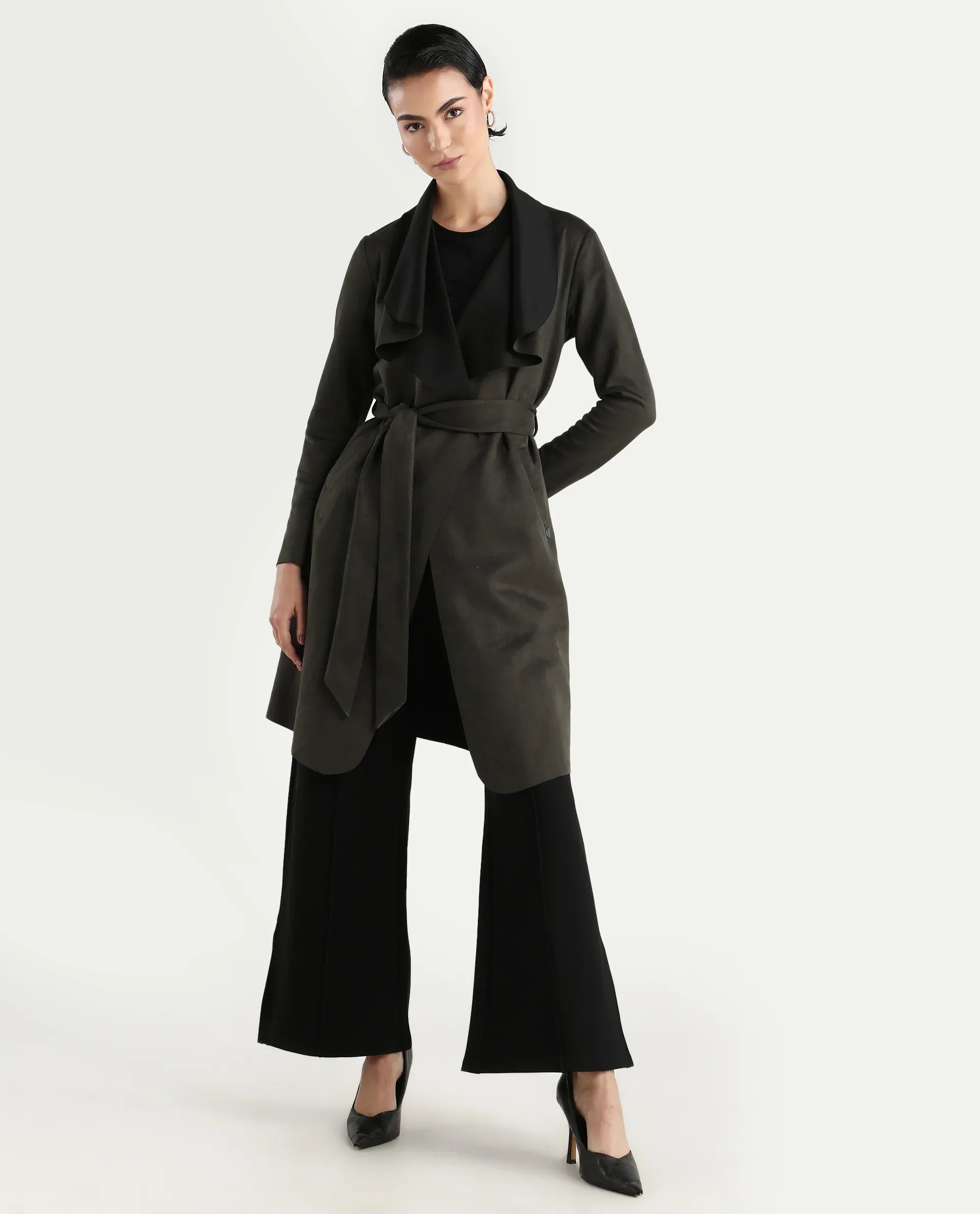 Rareism Women's Palmer 2 Olive Suede Waterfall Neck Plain Midi Boxy Fit Jacket - Image 3