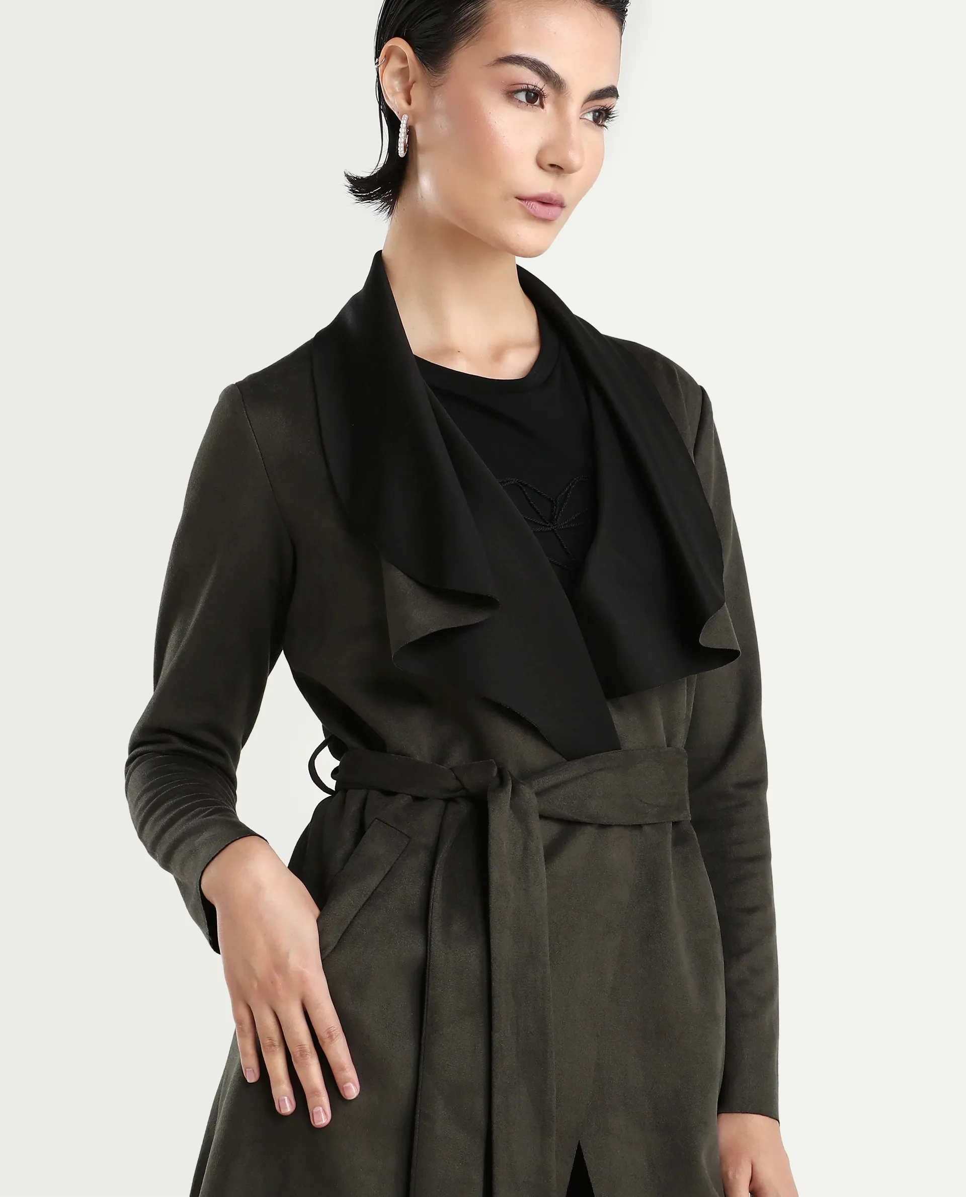 Rareism Women's Palmer 2 Olive Suede Waterfall Neck Plain Midi Boxy Fit Jacket - Image 4