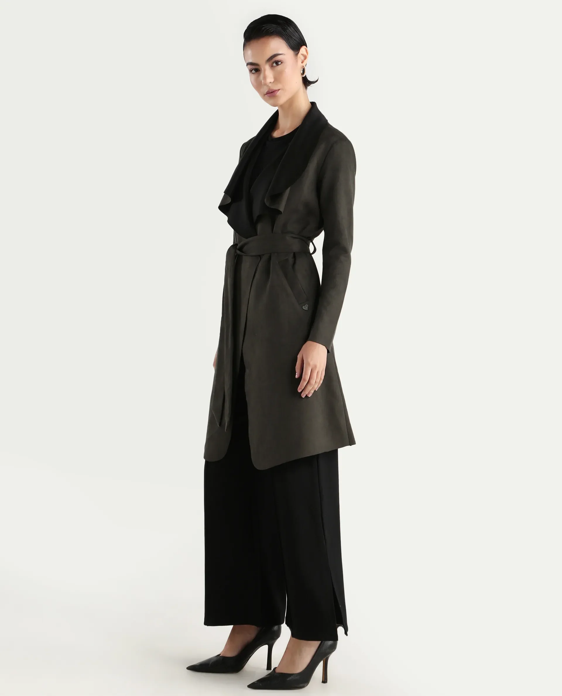 Rareism Women's Palmer 2 Olive Suede Waterfall Neck Plain Midi Boxy Fit Jacket - Image 6
