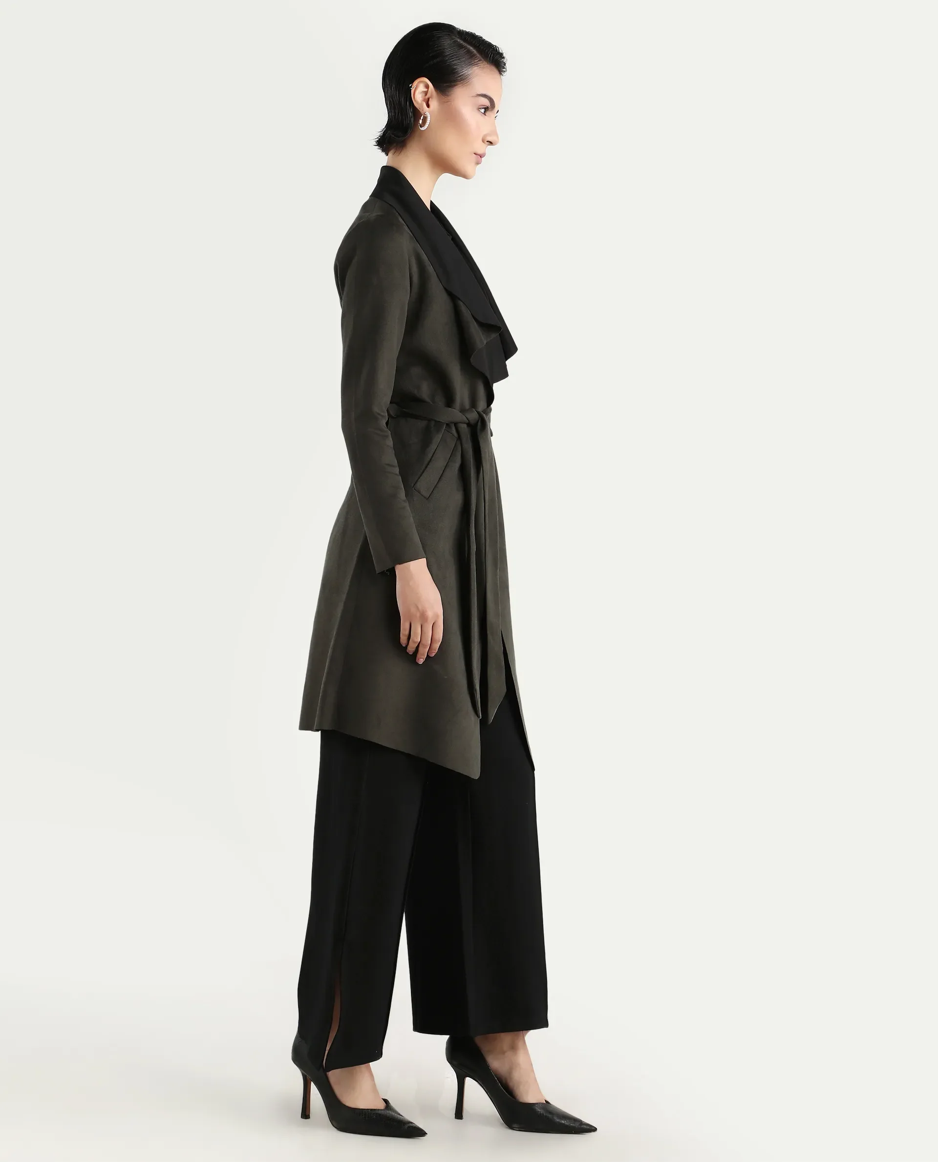 Rareism Women's Palmer 2 Olive Suede Waterfall Neck Plain Midi Boxy Fit Jacket - Image 7