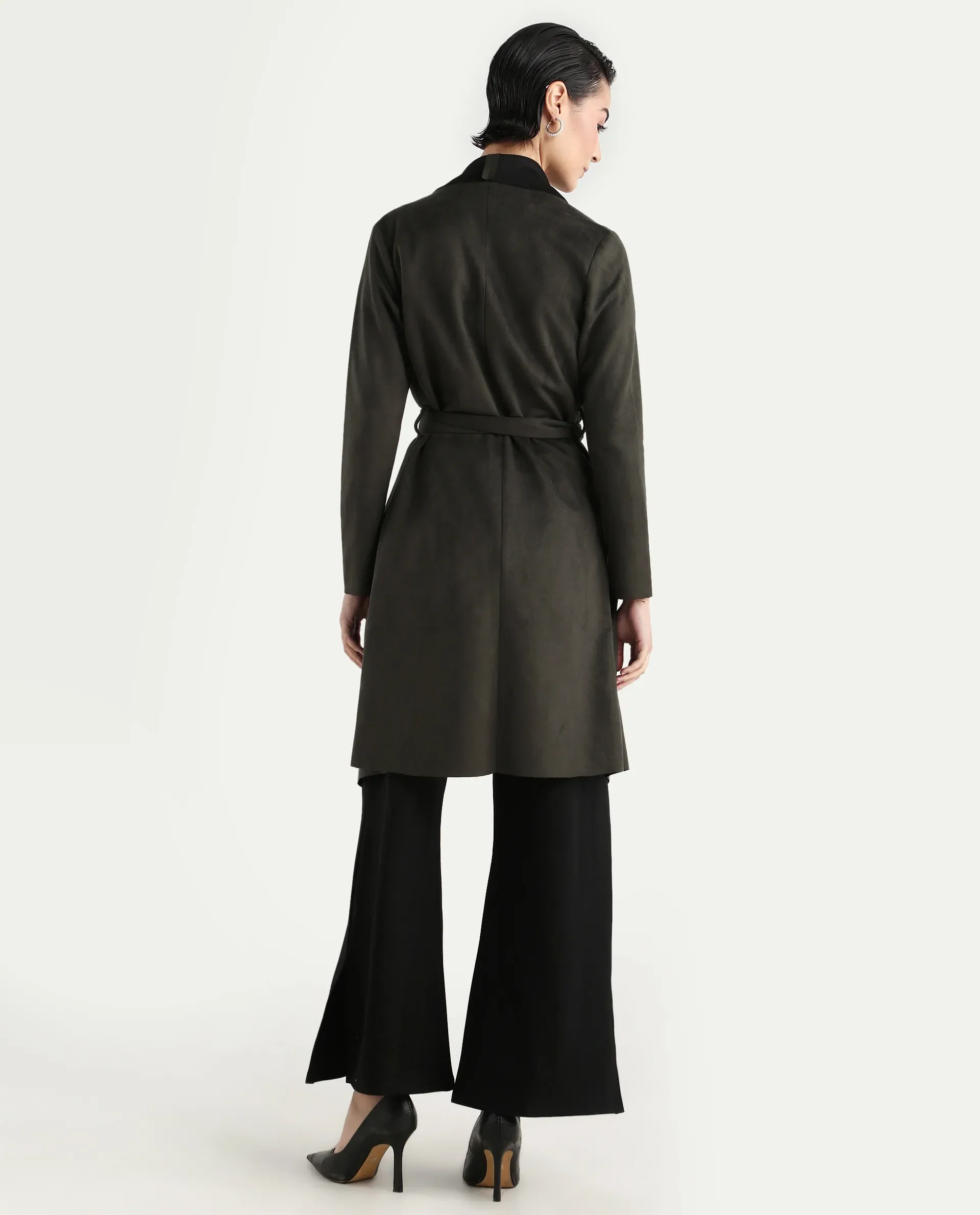 Rareism Women's Palmer 2 Olive Suede Waterfall Neck Plain Midi Boxy Fit Jacket - Image 8
