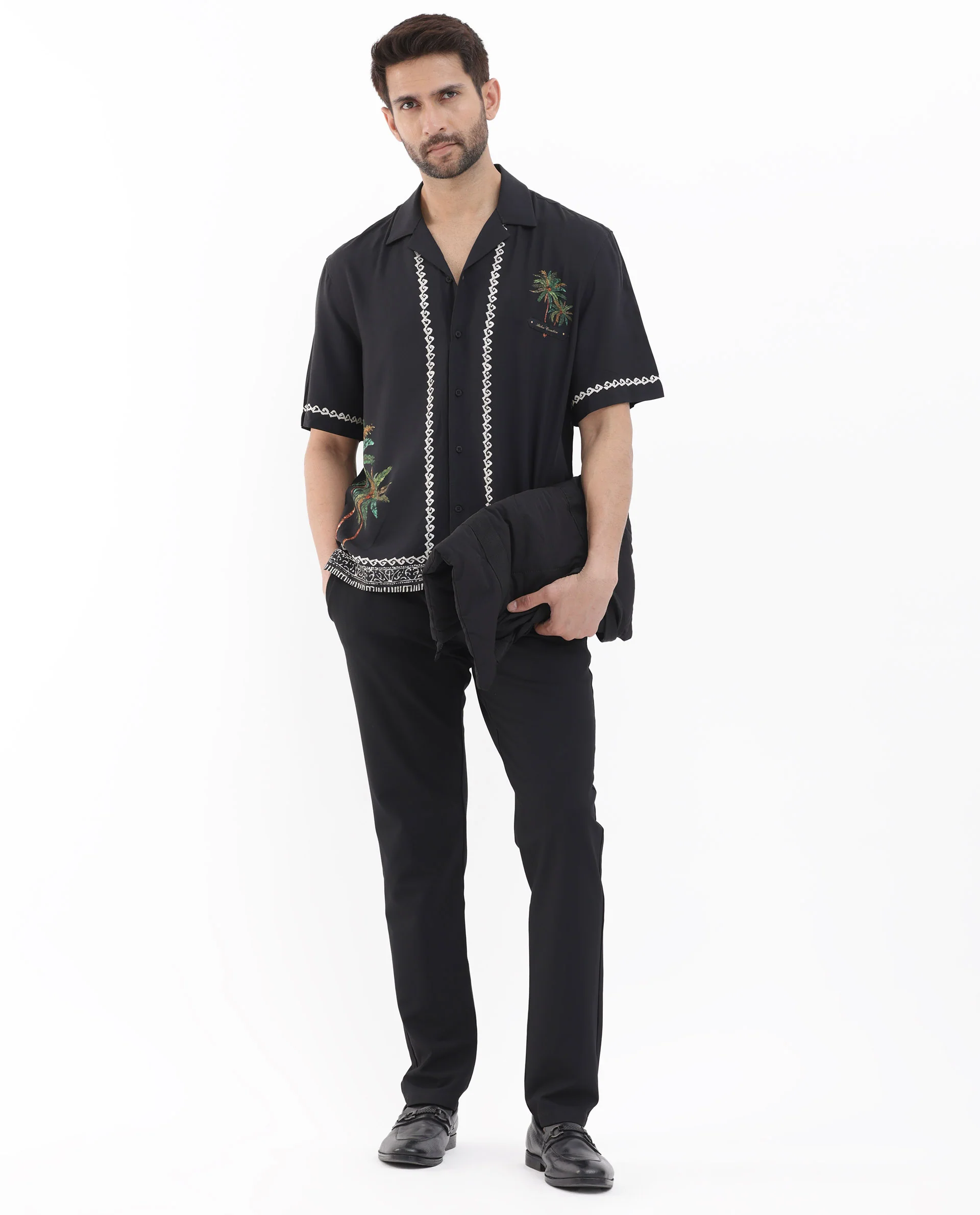 Rare Rabbit Men's Palms Black Viscose Tropical Print Boxy Fit Half Sleeve Cuban Collar Shirt - Image 2
