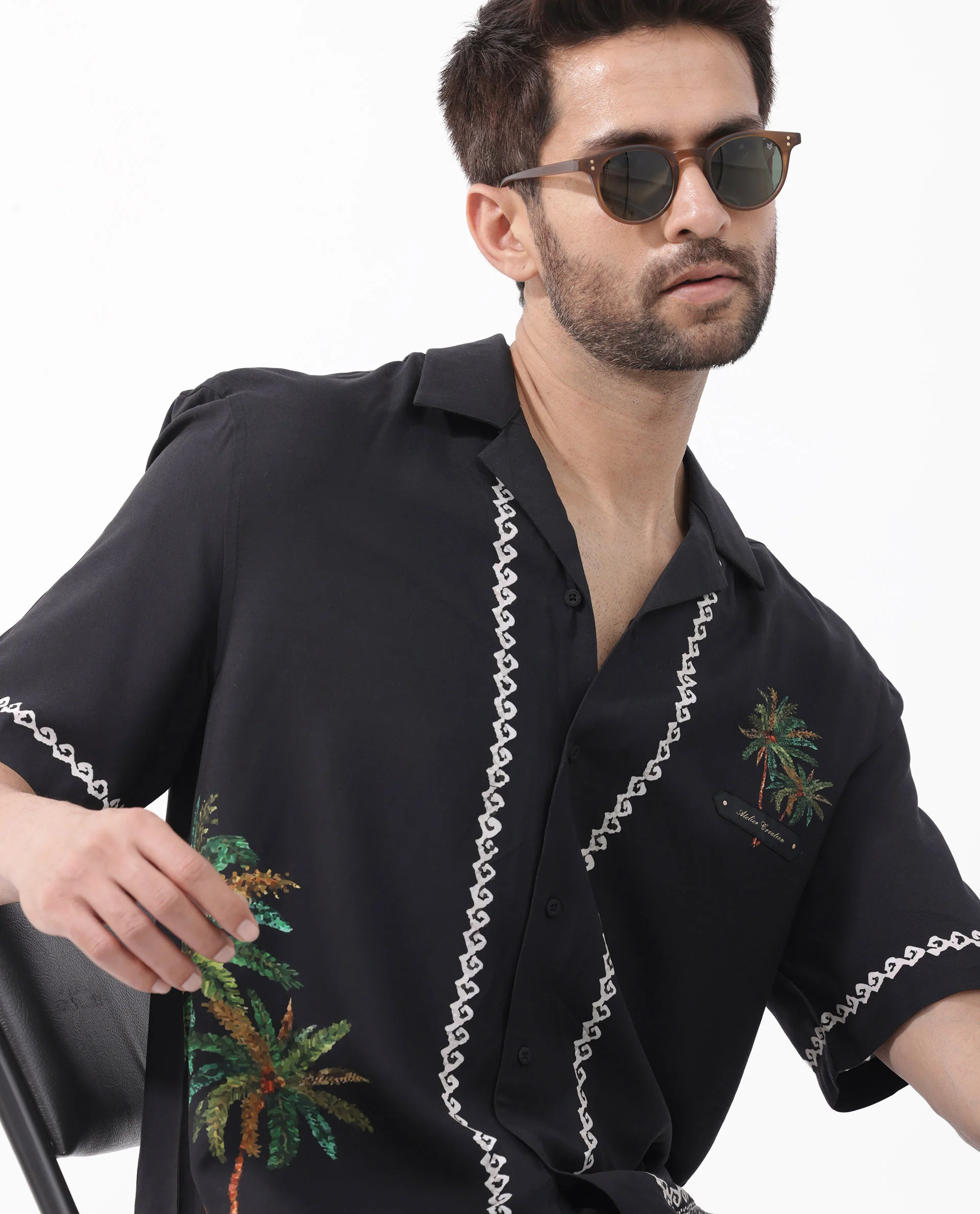 Rare Rabbit Men's Palms Black Viscose Tropical Print Boxy Fit Half Sleeve Cuban Collar Shirt - Image 3