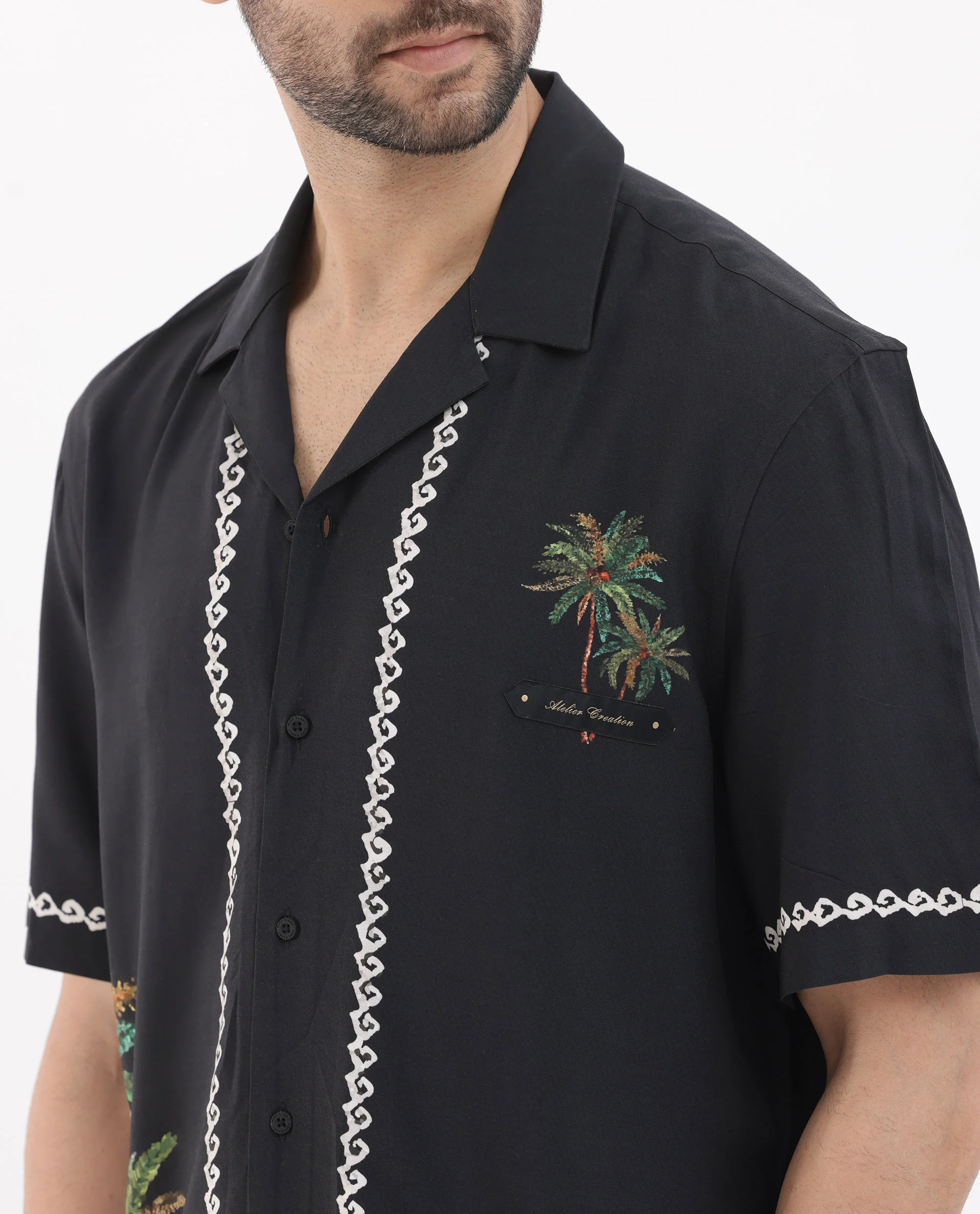 Rare Rabbit Men's Palms Black Viscose Tropical Print Boxy Fit Half Sleeve Cuban Collar Shirt - Image 4