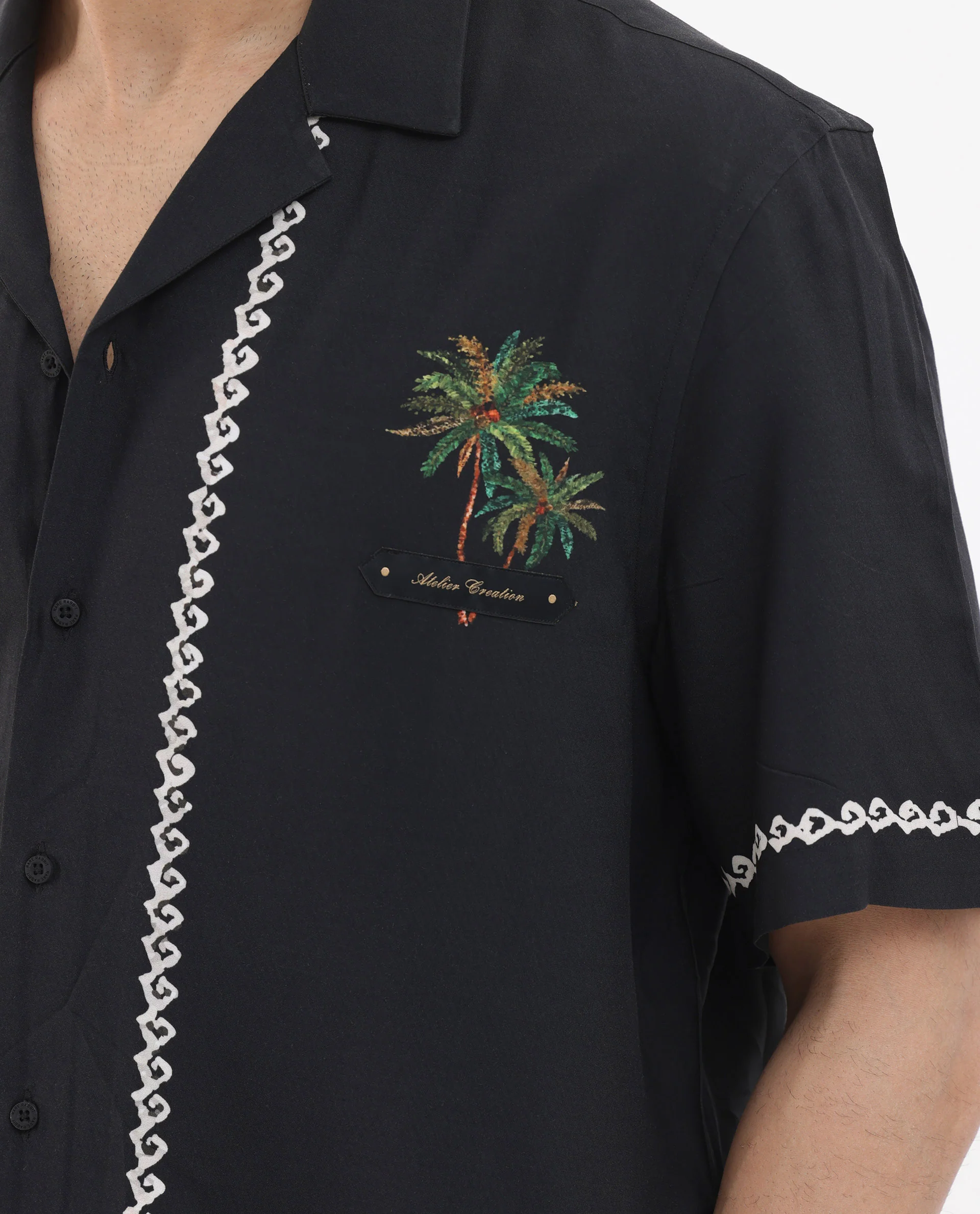 Rare Rabbit Men's Palms Black Viscose Tropical Print Boxy Fit Half Sleeve Cuban Collar Shirt - Image 5
