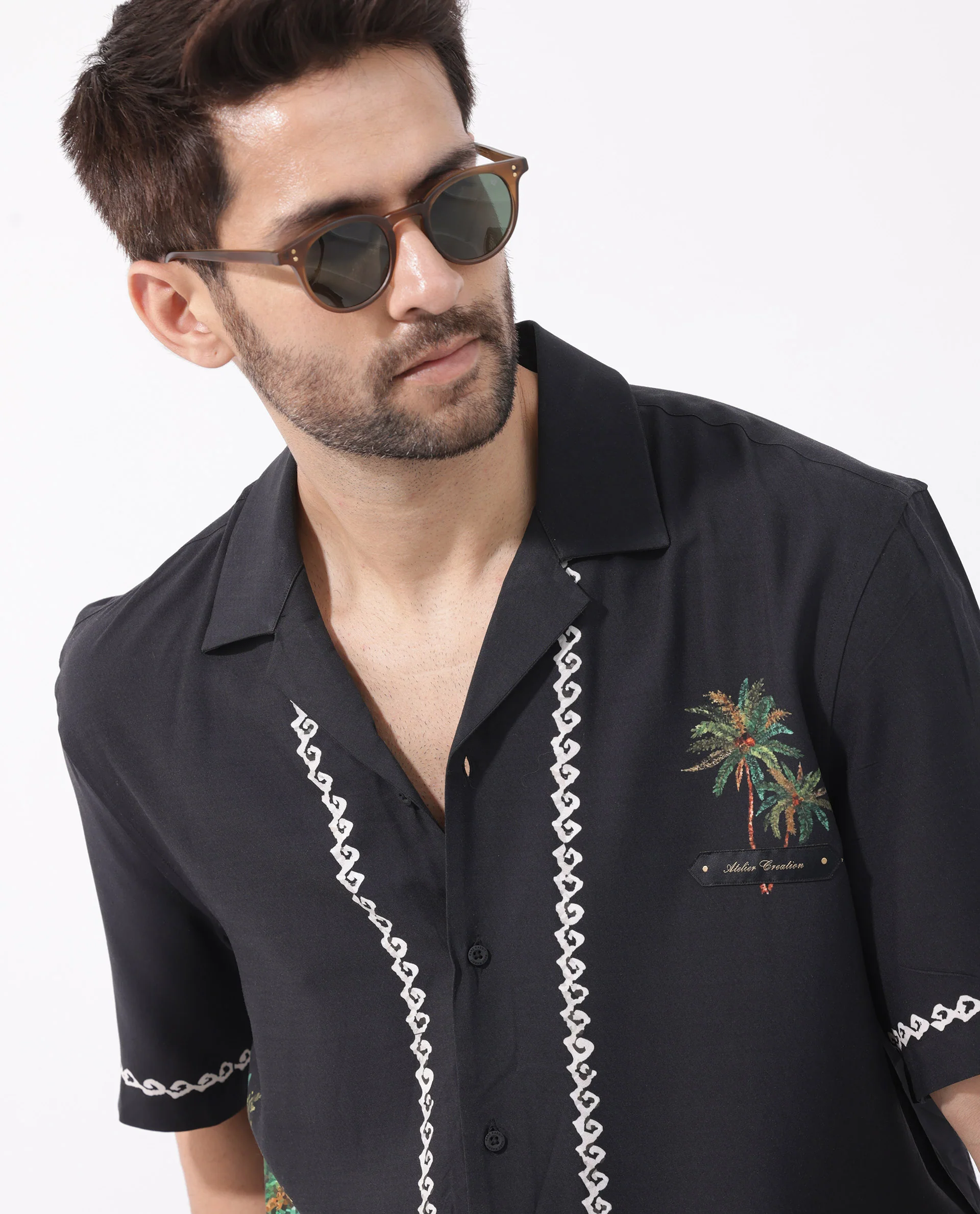 Rare Rabbit Men's Palms Black Viscose Tropical Print Boxy Fit Half Sleeve Cuban Collar Shirt - Image 6