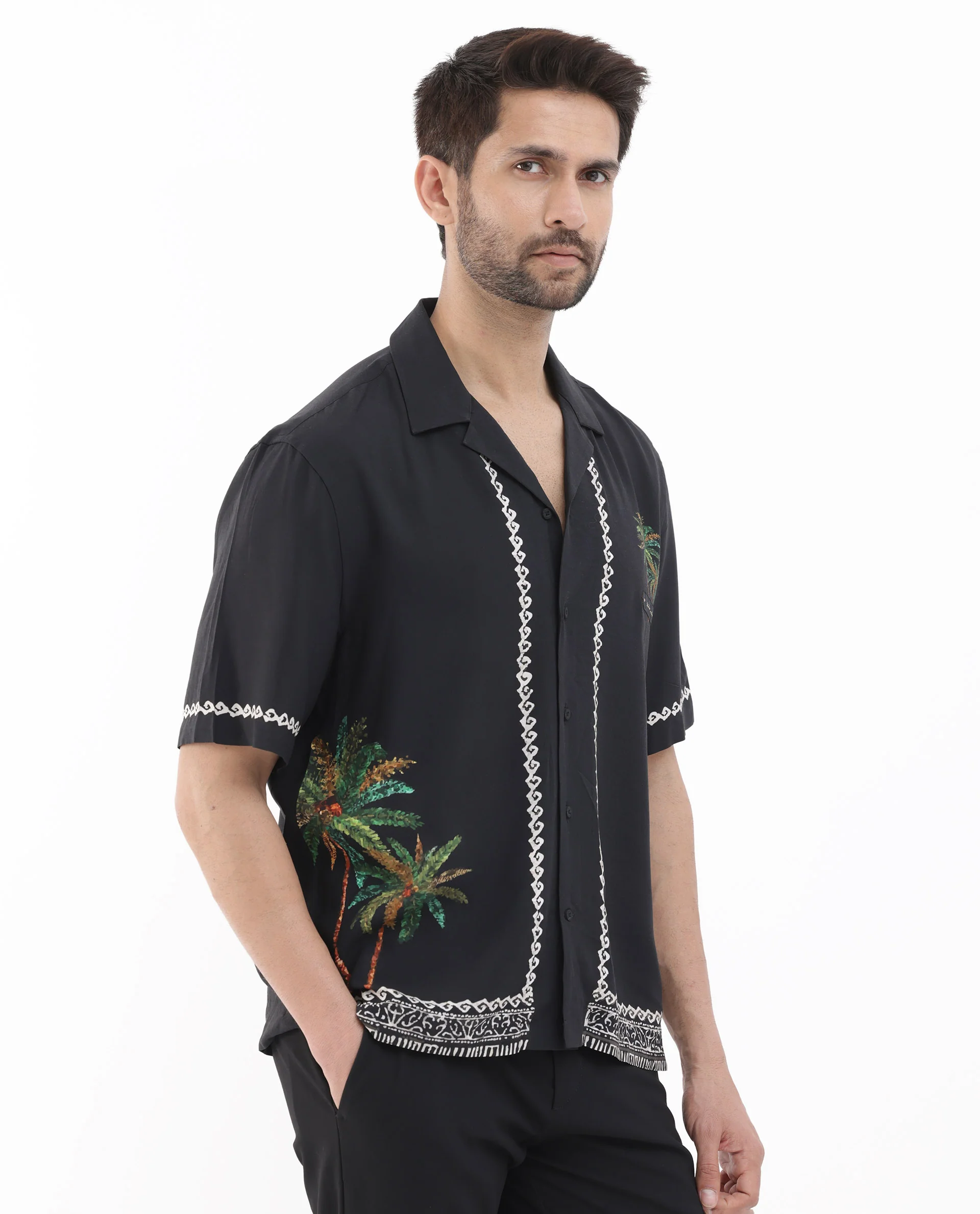 Rare Rabbit Men's Palms Black Viscose Tropical Print Boxy Fit Half Sleeve Cuban Collar Shirt - Image 7