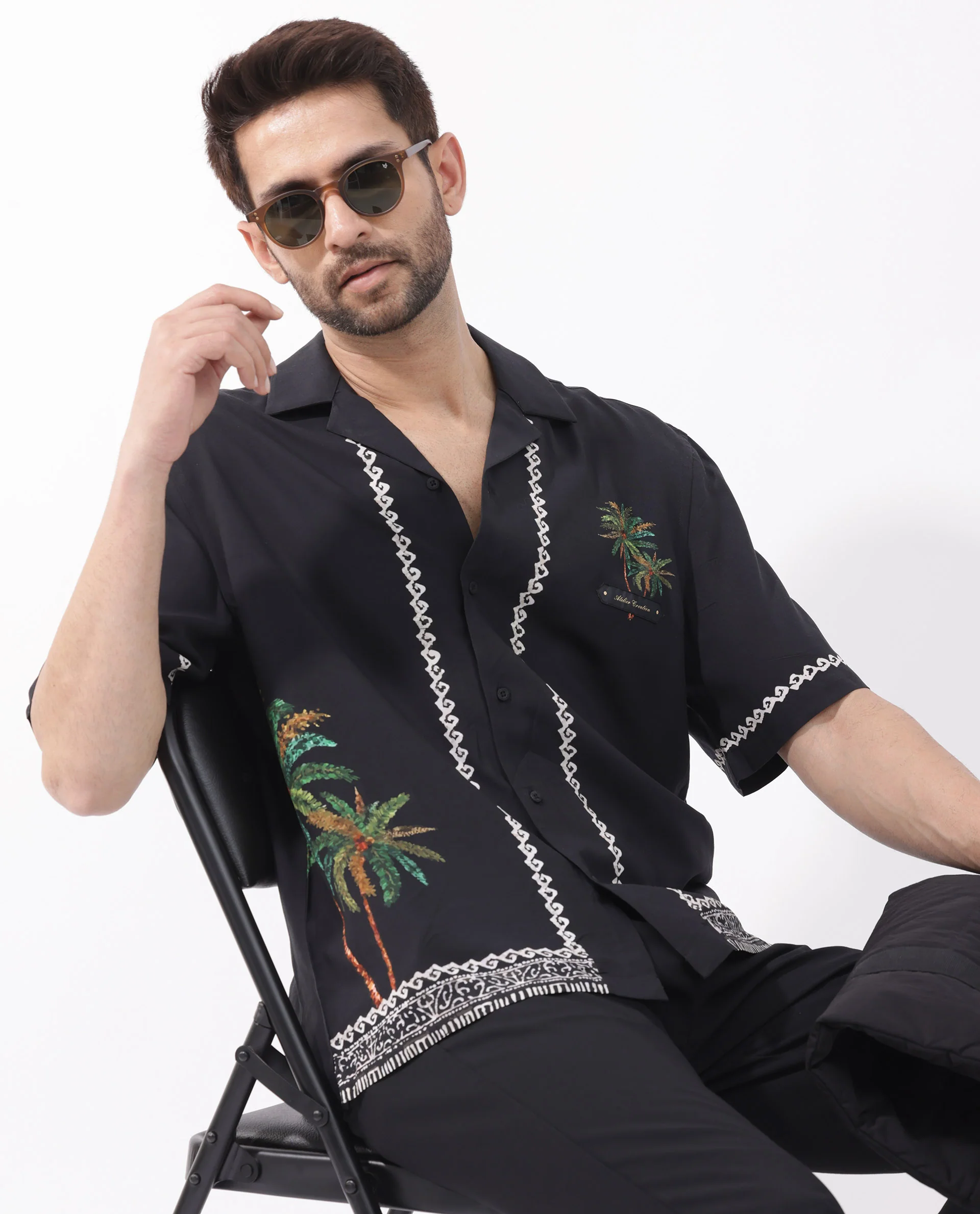 Rare Rabbit Men's Palms Black Viscose Tropical Print Boxy Fit Half Sleeve Cuban Collar Shirt - Image 8