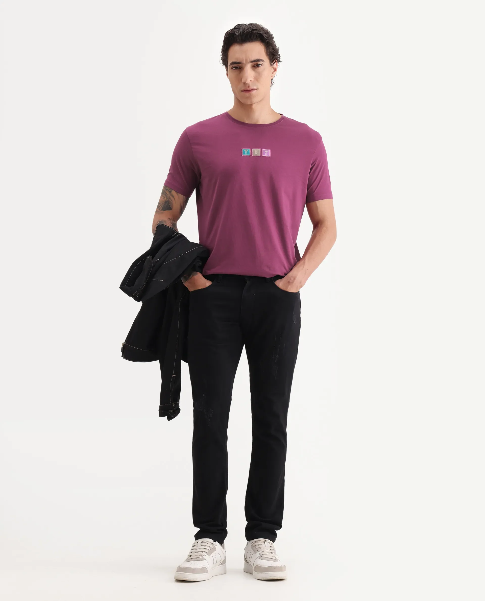 Rare Rabbit Men's Palp Dark Pink Cotton Embroidered Slim Fit Half Sleeve Crew Neck T-Shirt - Image 2
