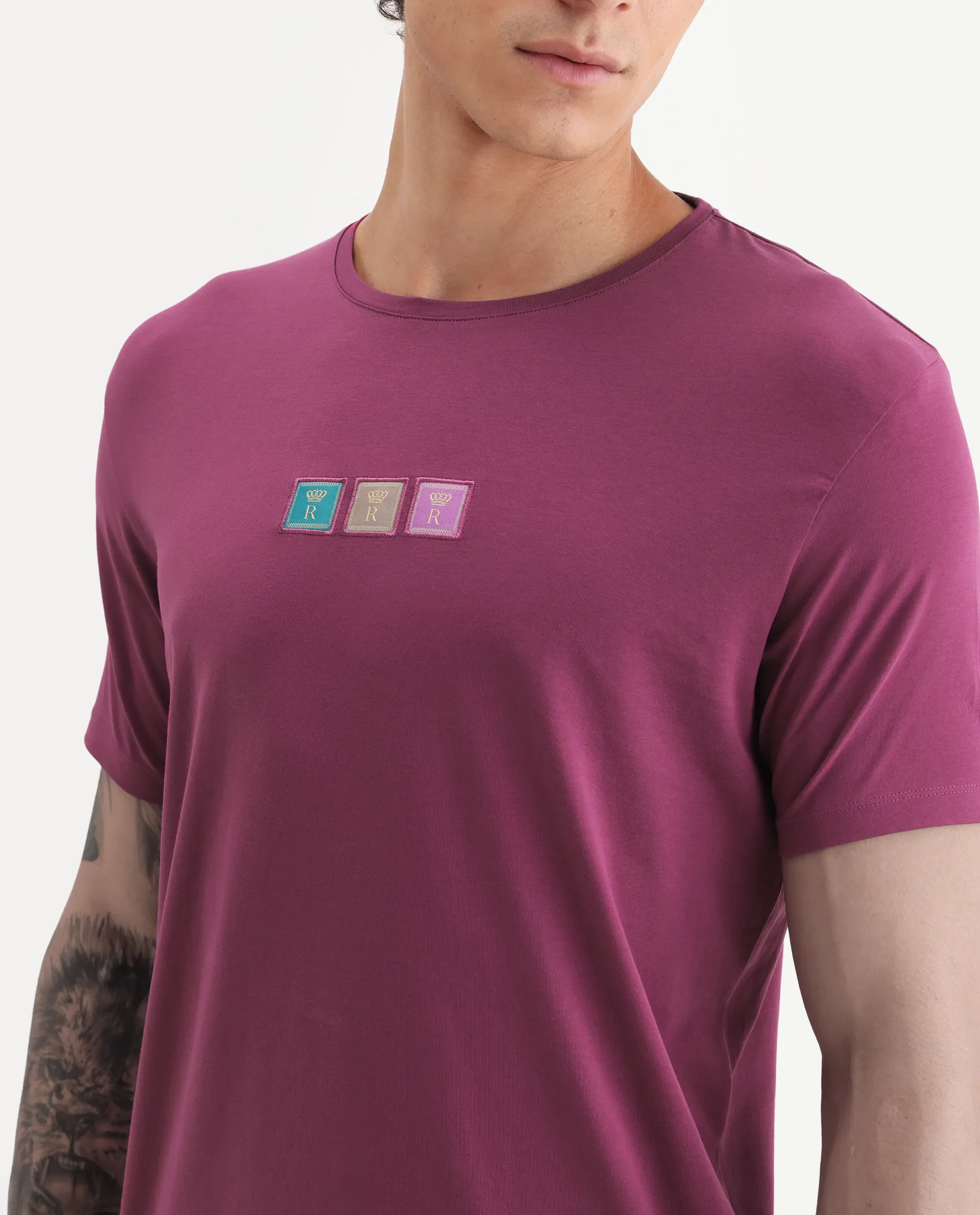 Rare Rabbit Men's Palp Dark Pink Cotton Embroidered Slim Fit Half Sleeve Crew Neck T-Shirt - Image 3