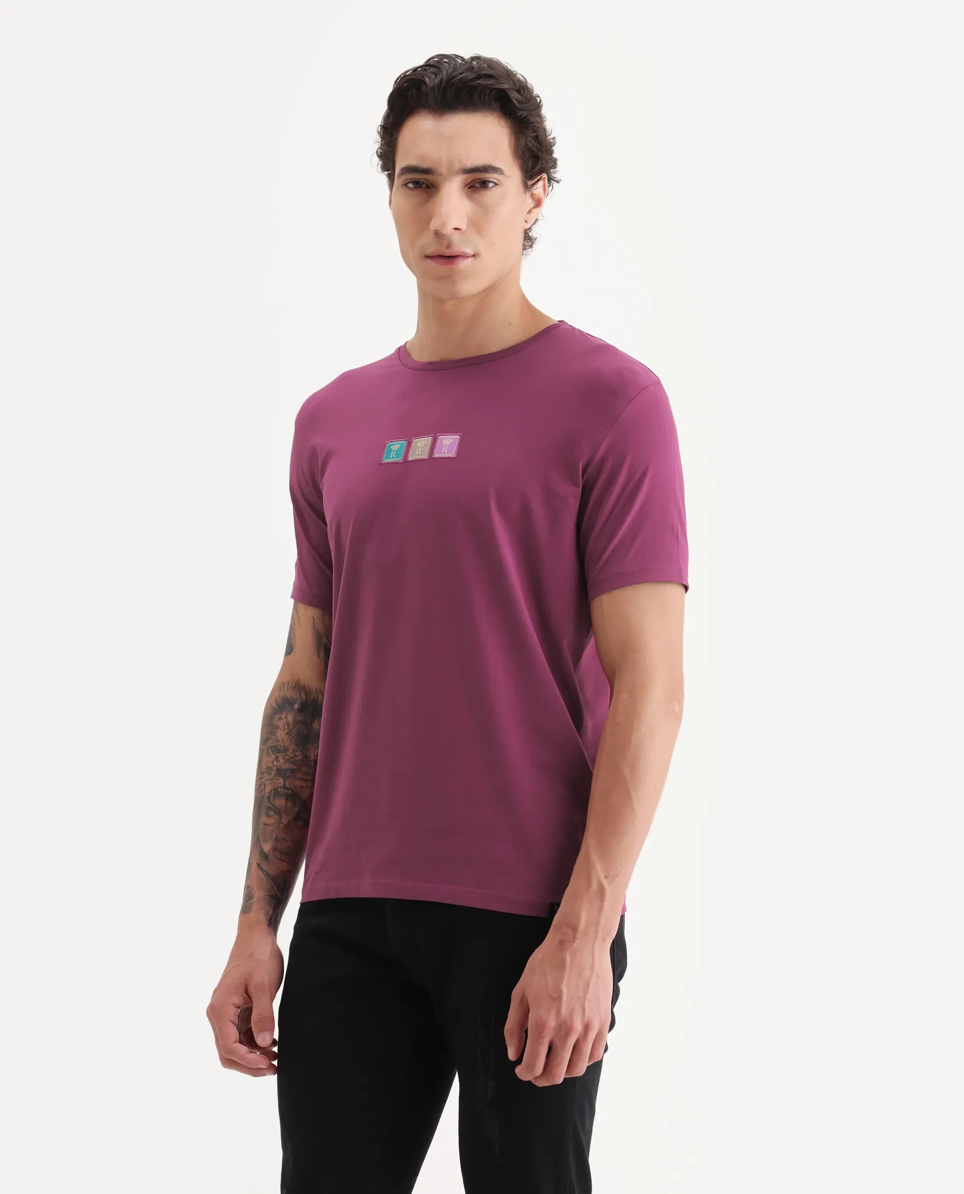 Rare Rabbit Men's Palp Dark Pink Cotton Embroidered Slim Fit Half Sleeve Crew Neck T-Shirt - Image 4