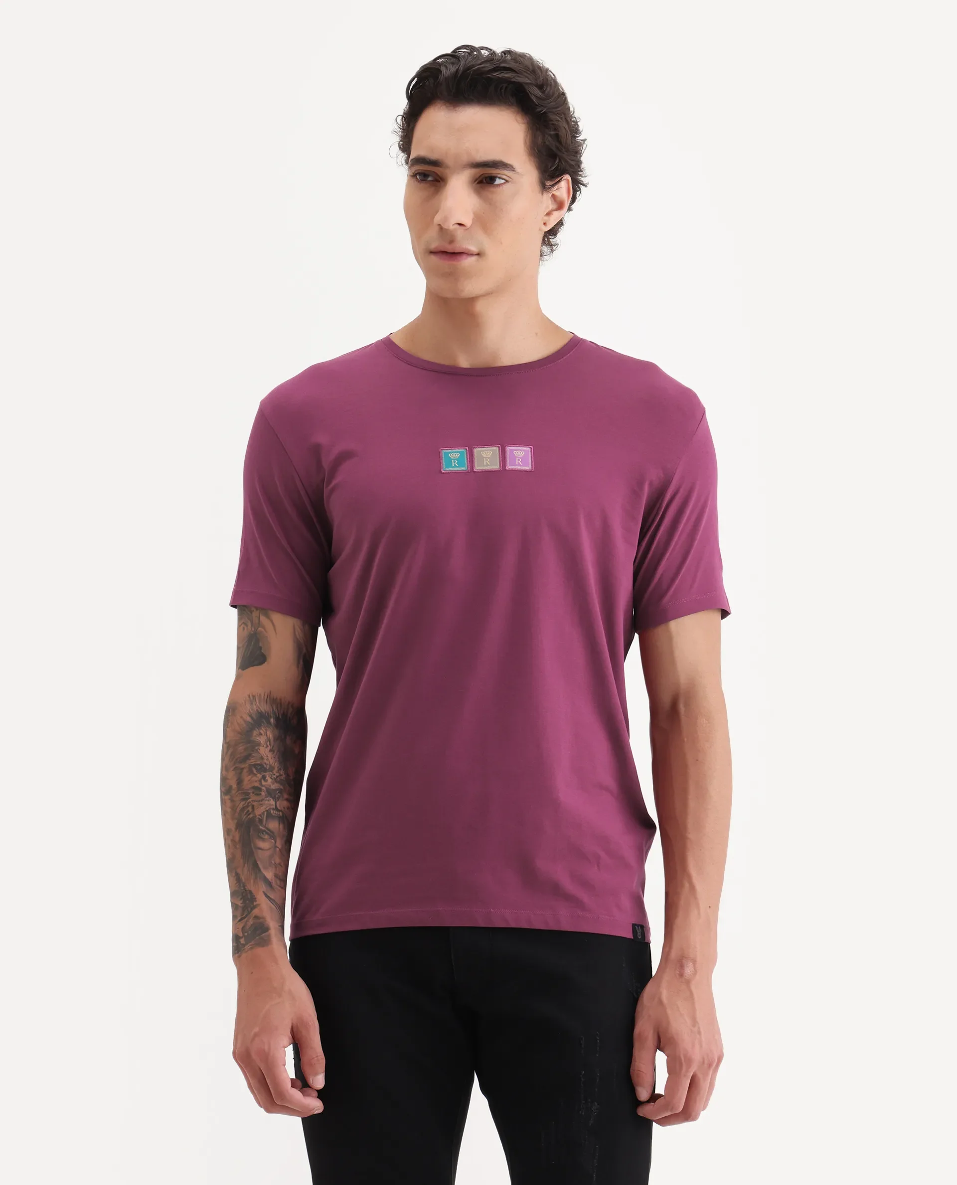 Rare Rabbit Men's Palp Dark Pink Cotton Embroidered Slim Fit Half Sleeve Crew Neck T-Shirt - Image 5