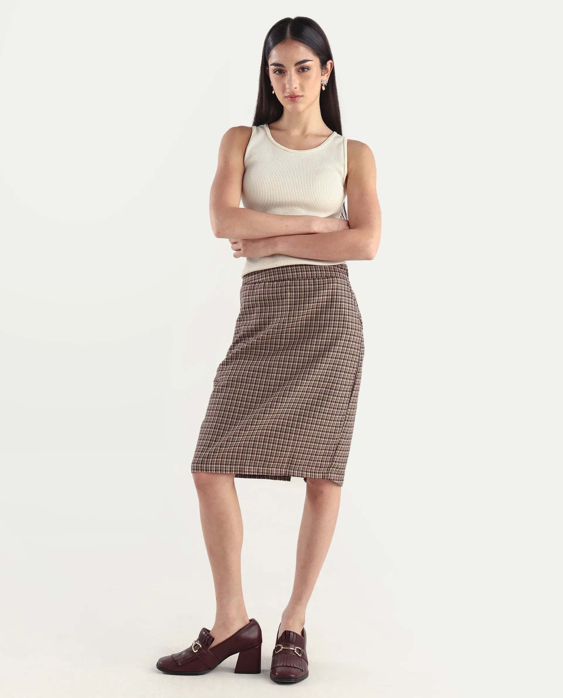 Rareism Women's Paltiu Brown Cotton Blend Checked Mini Regular Fit Skirt - Image 4