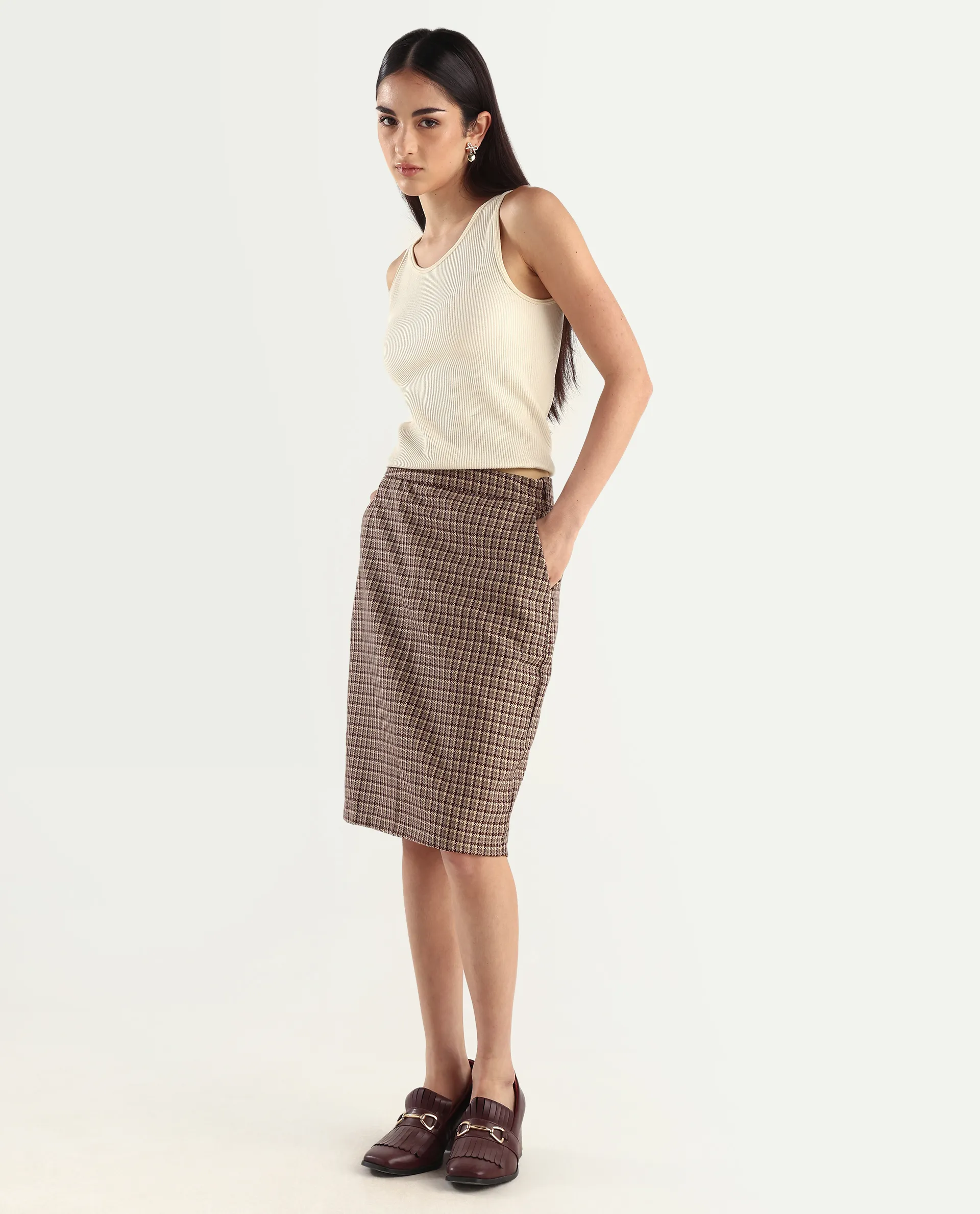 Rareism Women's Paltiu Brown Cotton Blend Checked Mini Regular Fit Skirt - Image 6