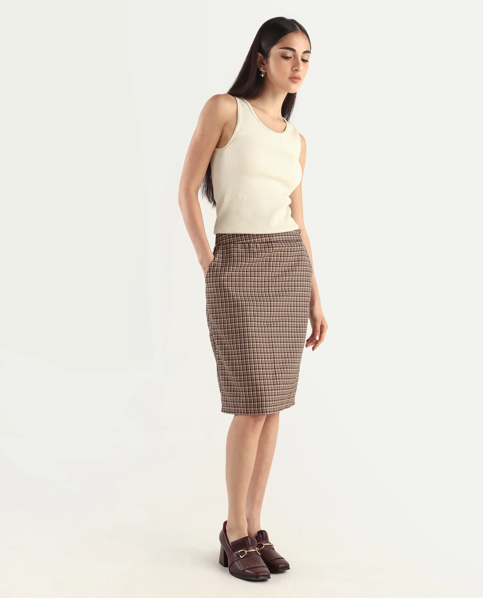 Rareism Women's Paltiu Brown Cotton Blend Checked Mini Regular Fit Skirt - Image 7