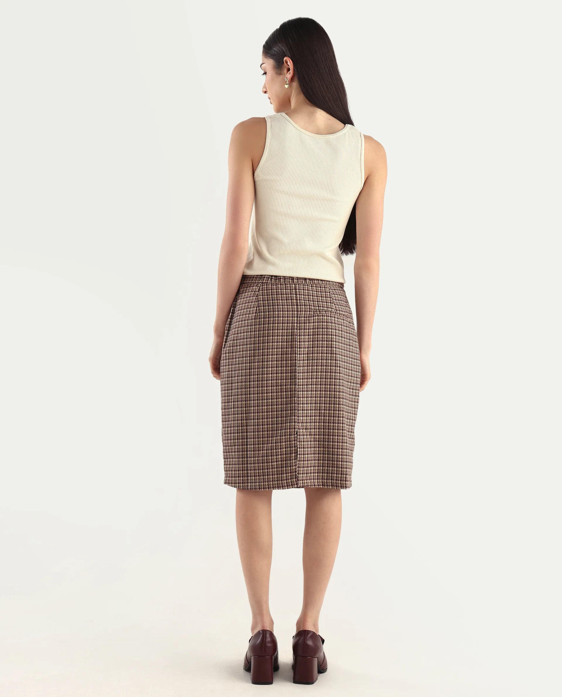 Rareism Women's Paltiu Brown Cotton Blend Checked Mini Regular Fit Skirt - Image 8