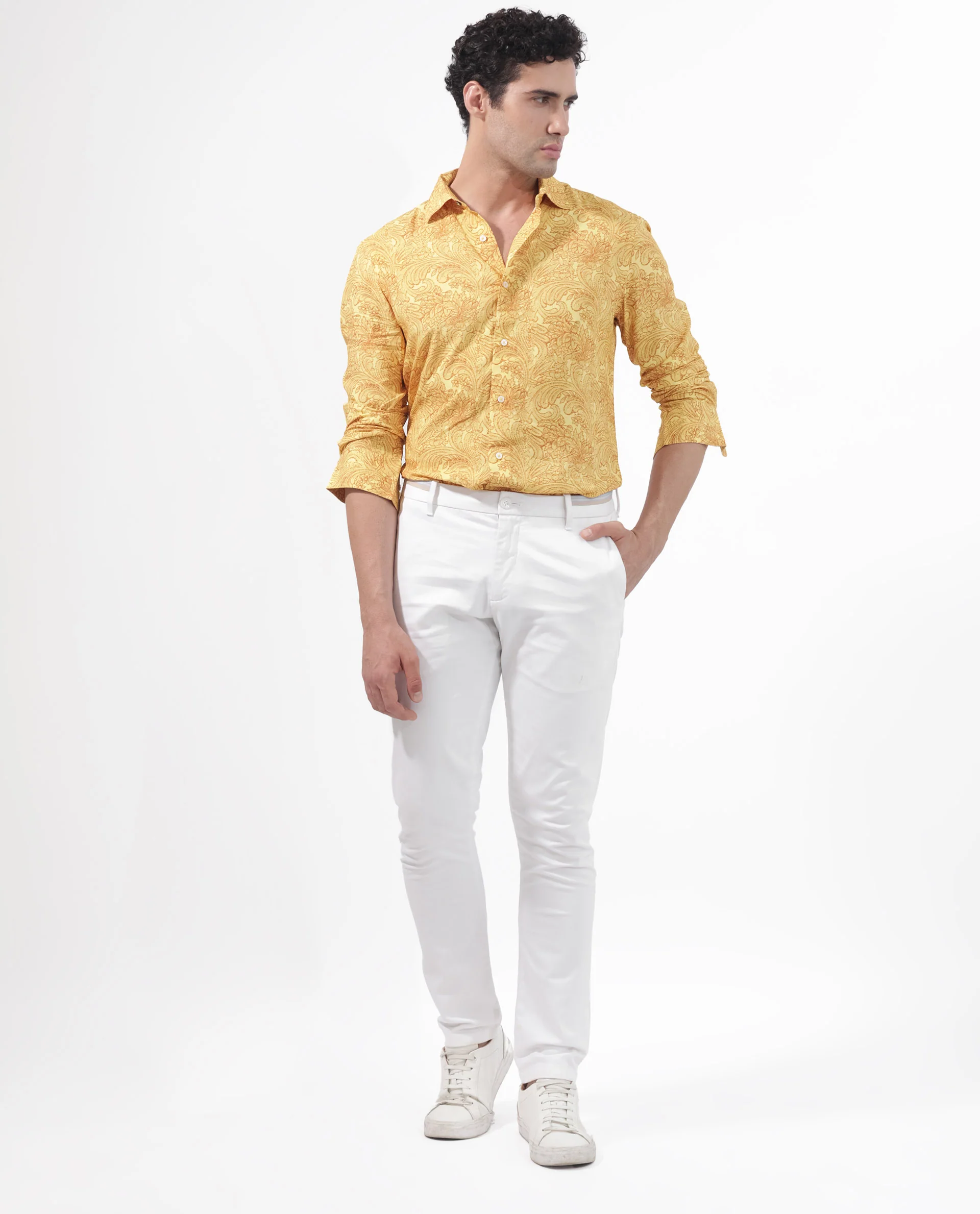 Rare Rabbit Men's Pamat Yellow Viscose Paisley Print Regular Fit Full Sleeve Collared Shirt - Image 2