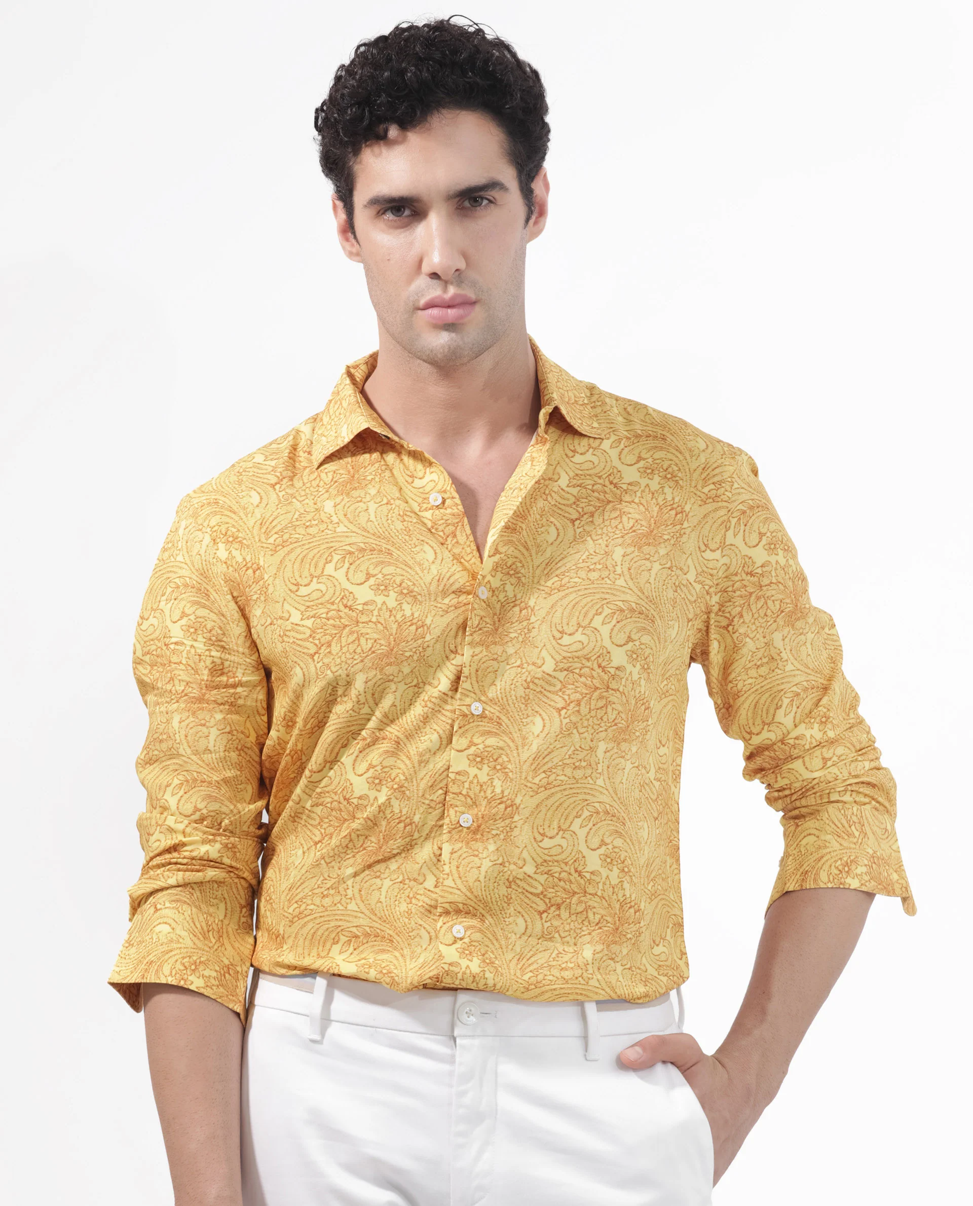 Rare Rabbit Men's Pamat Yellow Viscose Paisley Print Regular Fit Full Sleeve Collared Shirt - Image 3