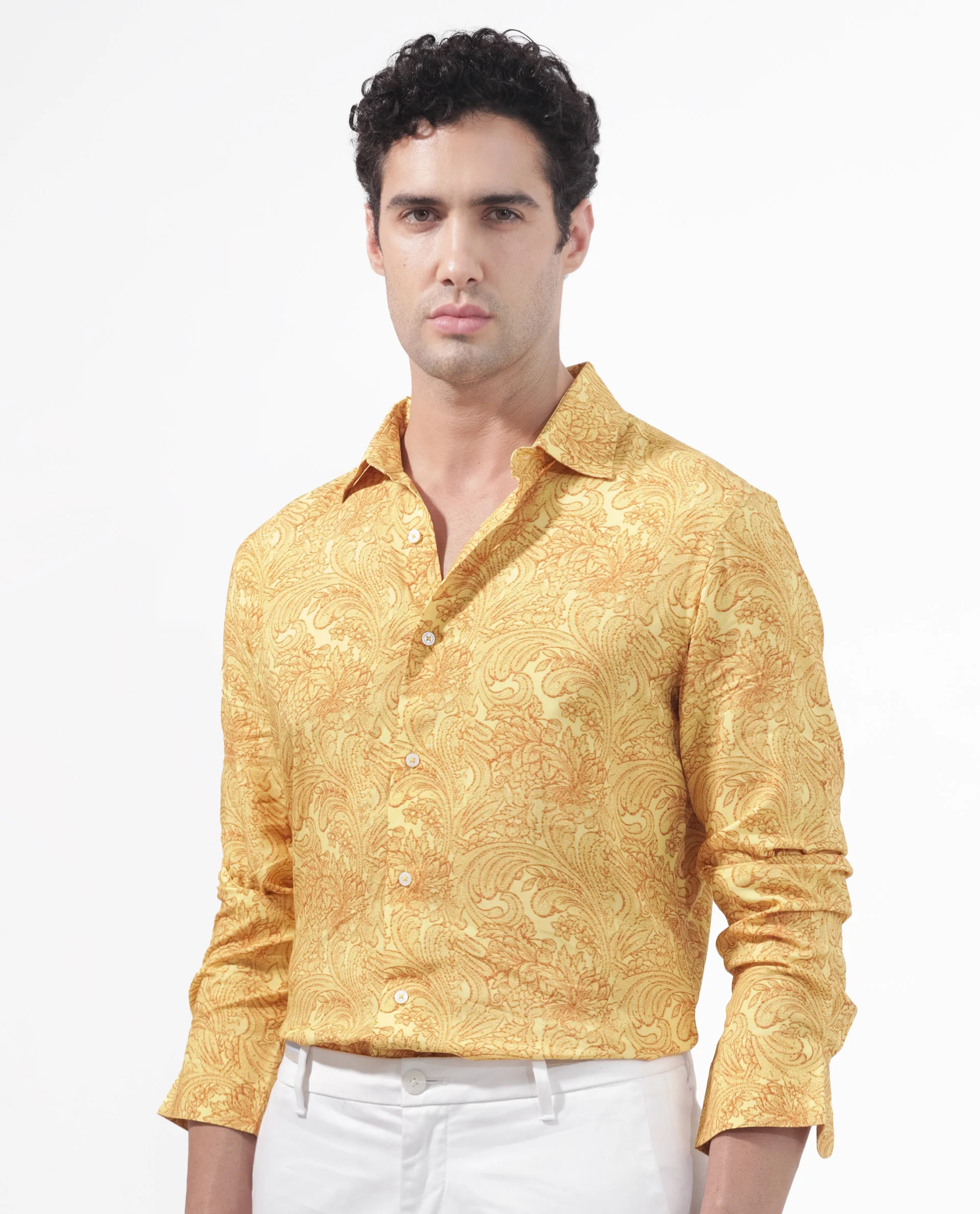Rare Rabbit Men's Pamat Yellow Viscose Paisley Print Regular Fit Full Sleeve Collared Shirt - Image 6
