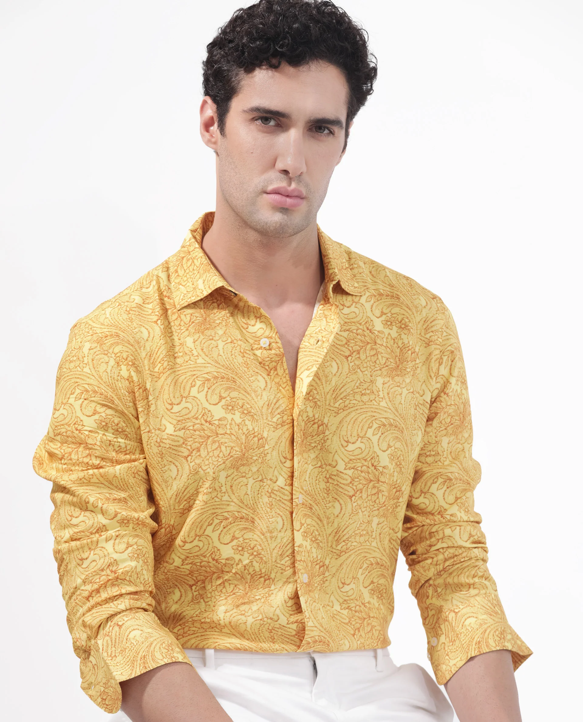 Rare Rabbit Men's Pamat Yellow Viscose Paisley Print Regular Fit Full Sleeve Collared Shirt - Image 7