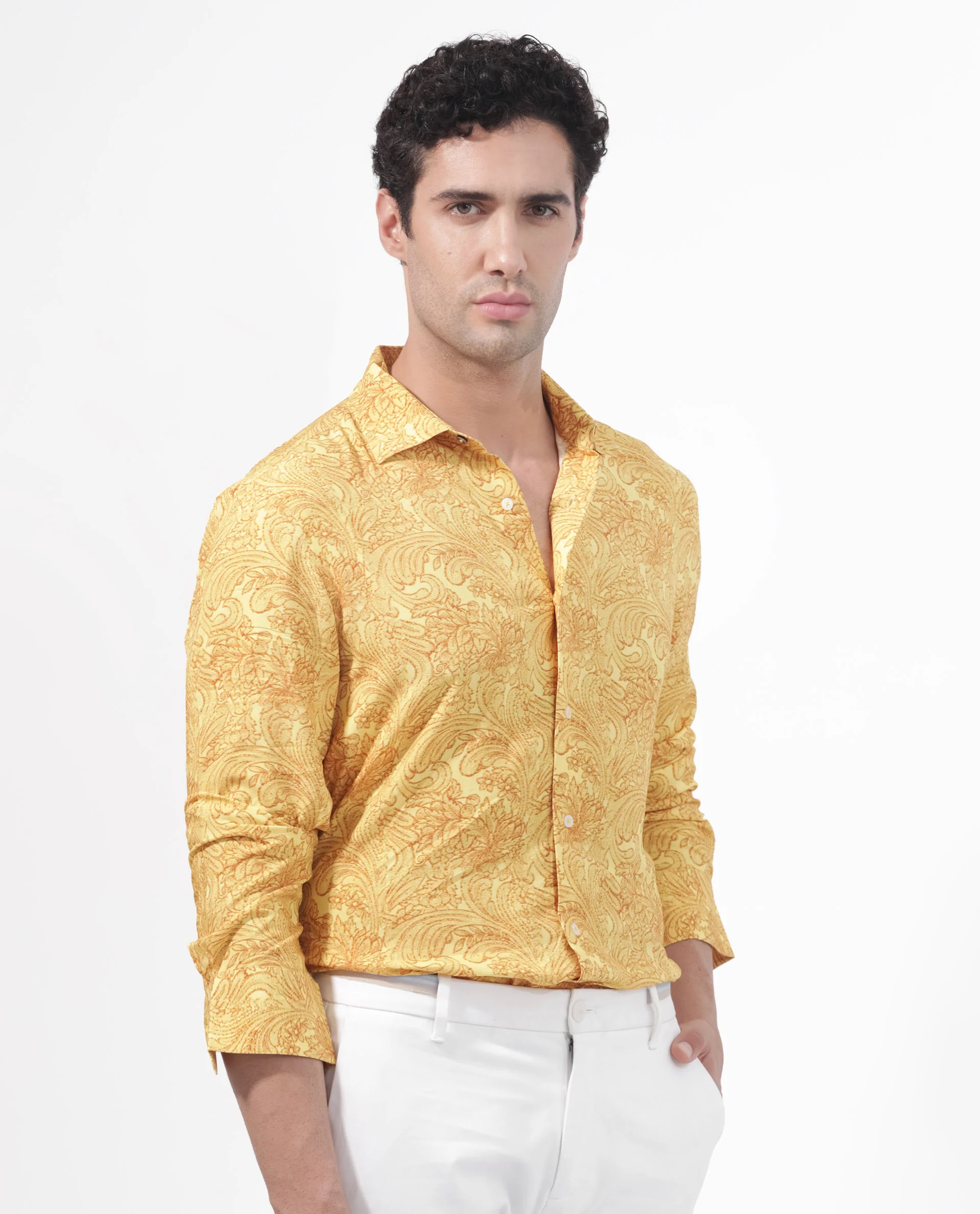 Rare Rabbit Men's Pamat Yellow Viscose Paisley Print Regular Fit Full Sleeve Collared Shirt - Image 8