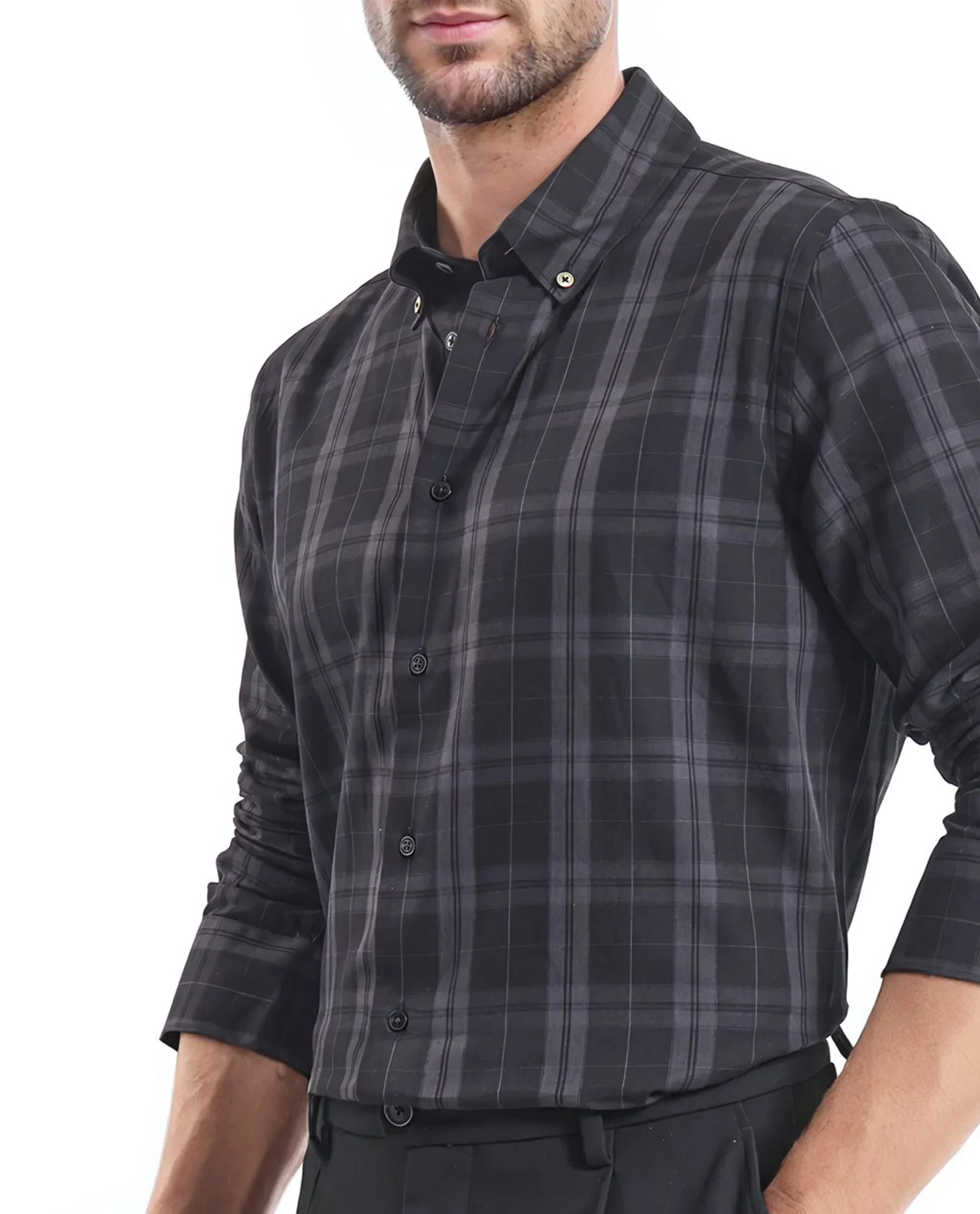Rare Rabbit Men's Pambi Dark Black Checked Print Regular Fit Full Sleeve Button-Down Collar Shirt - Image 4