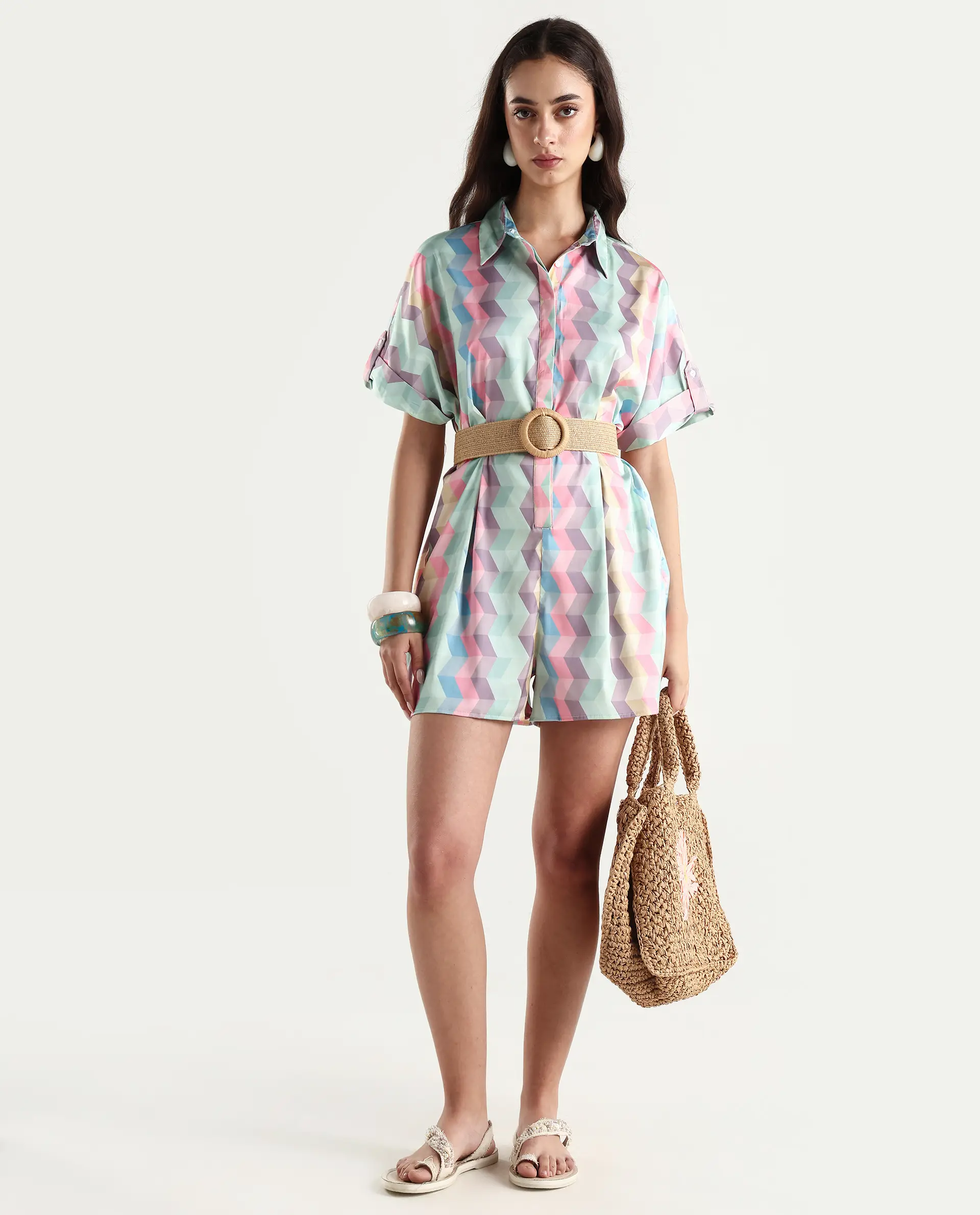Rareism Women's Pamesan Multi Modal Spread Collar Geometric Print Regular Fit Playsuit - Image 2