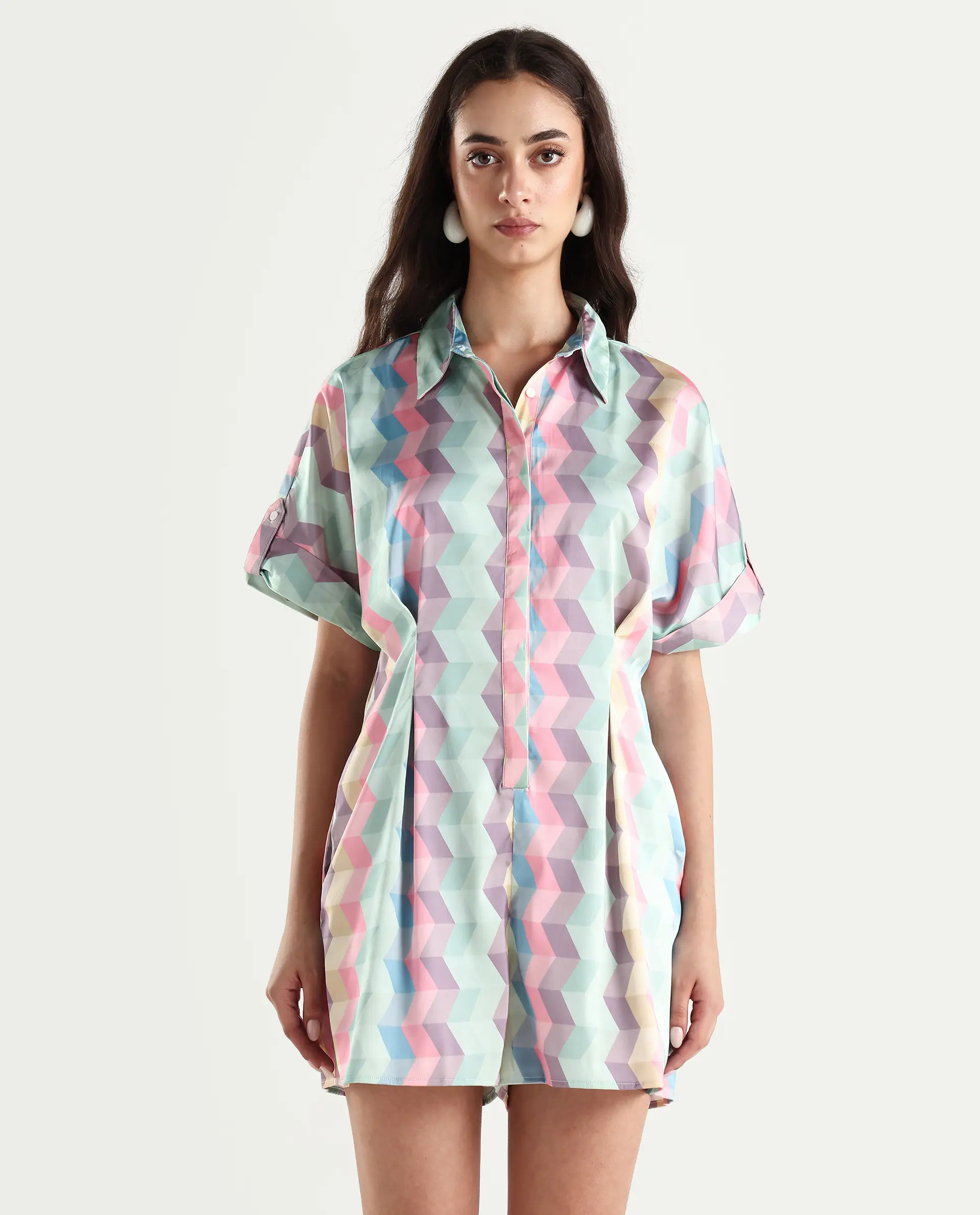 Rareism Women's Pamesan Multi Modal Spread Collar Geometric Print Regular Fit Playsuit - Image 3