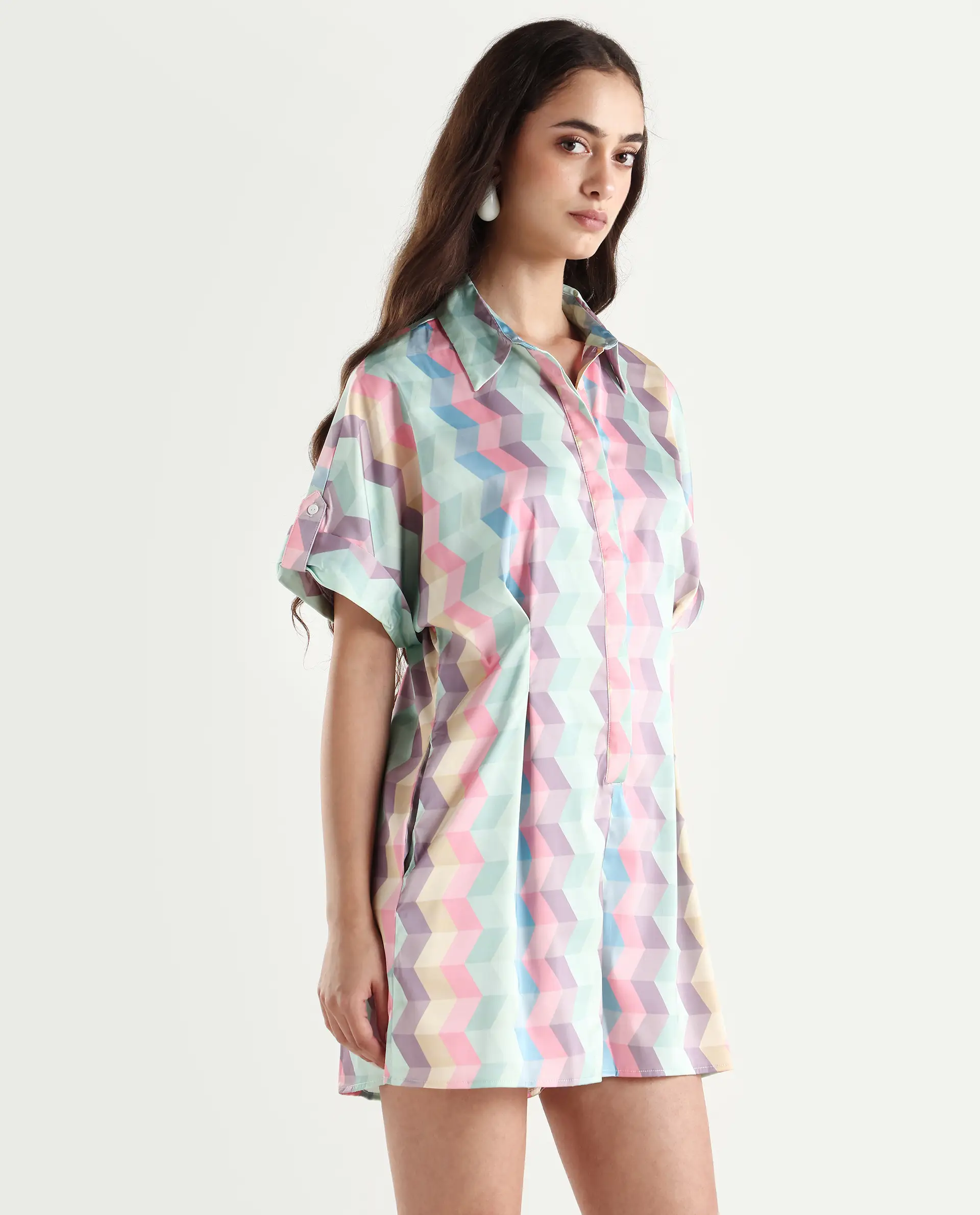 Rareism Women's Pamesan Multi Modal Spread Collar Geometric Print Regular Fit Playsuit - Image 5