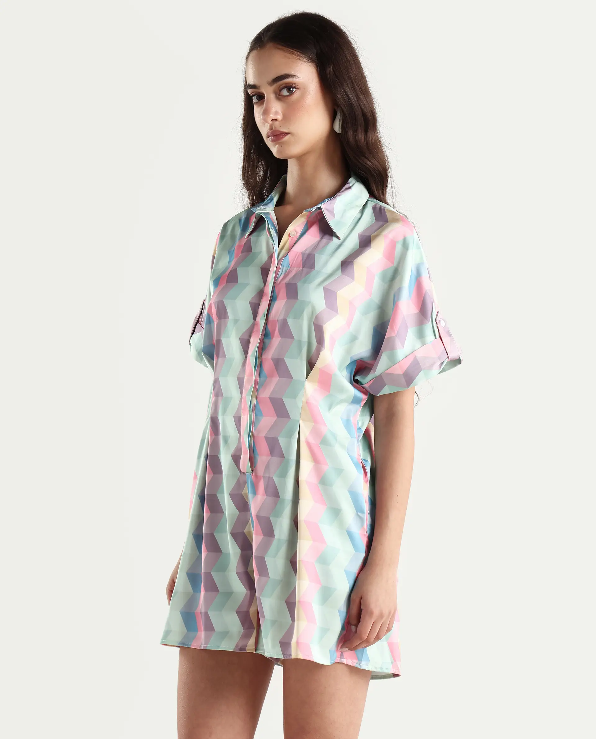 Rareism Women's Pamesan Multi Modal Spread Collar Geometric Print Regular Fit Playsuit - Image 6