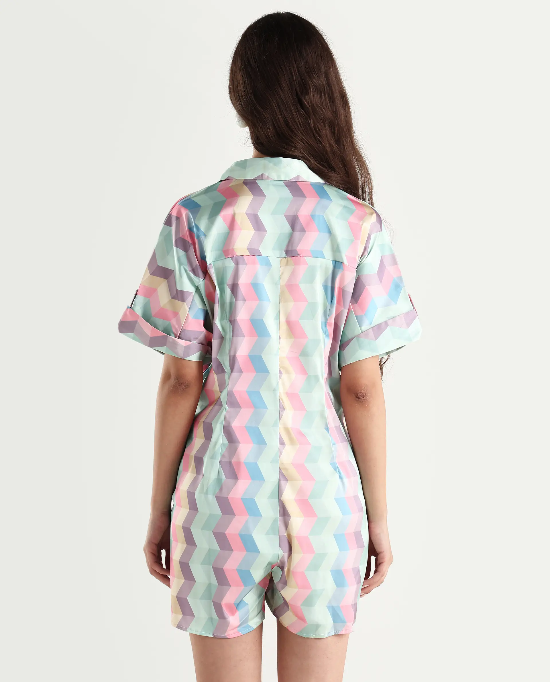 Rareism Women's Pamesan Multi Modal Spread Collar Geometric Print Regular Fit Playsuit - Image 7