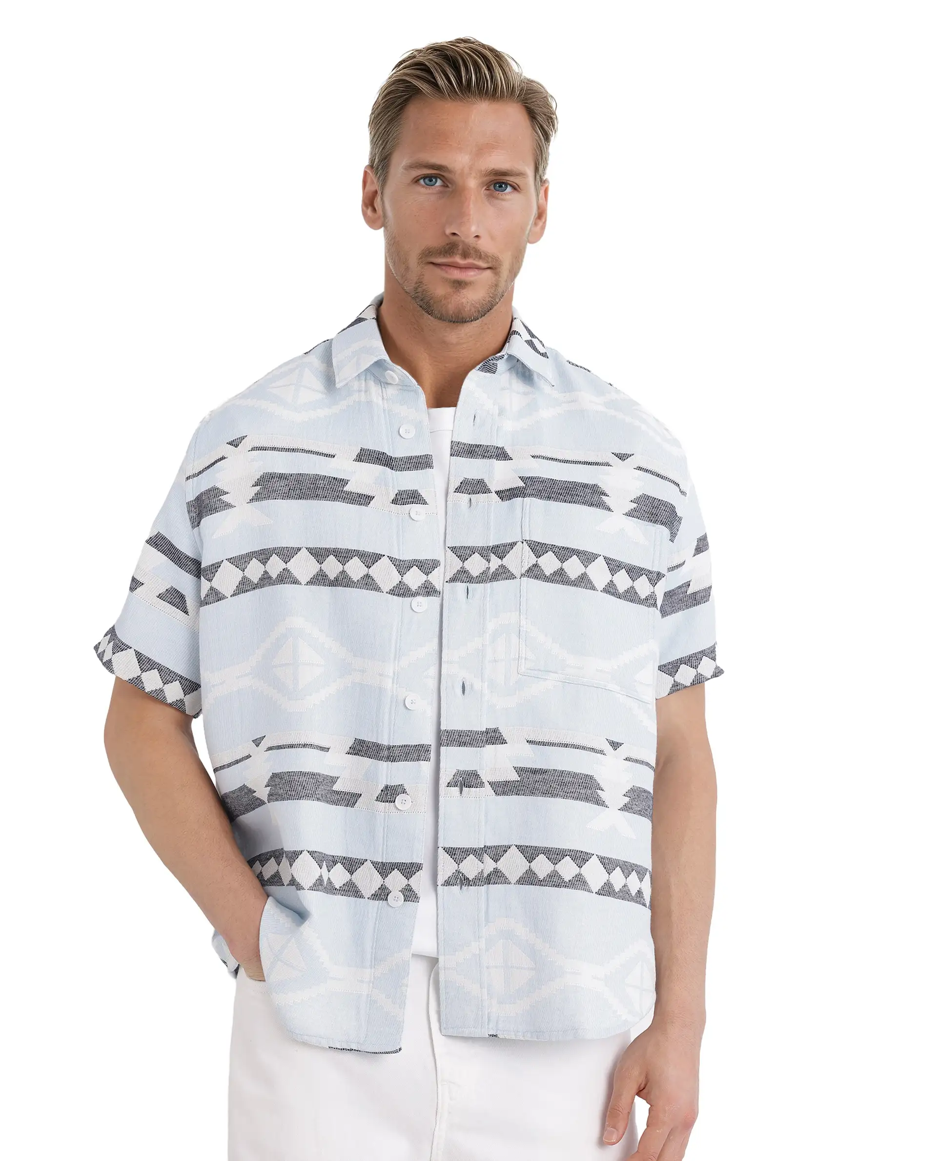 Rare Rabbit Men's Pamp Light Blue Cotton Jacquard Boxy Fit Half Sleeve Collared Shirt - Image 2