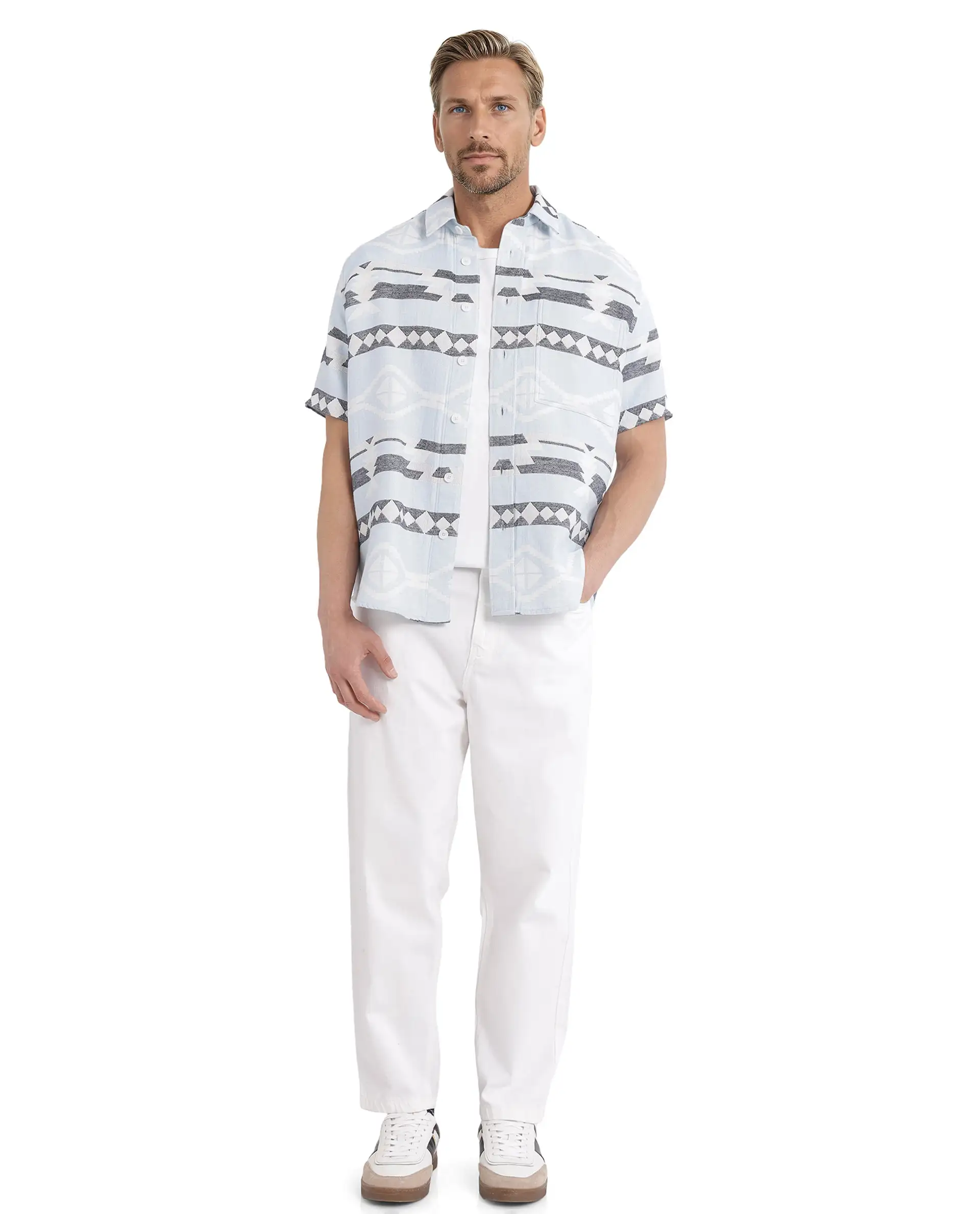 Rare Rabbit Men's Pamp Light Blue Cotton Jacquard Boxy Fit Half Sleeve Collared Shirt - Image 3