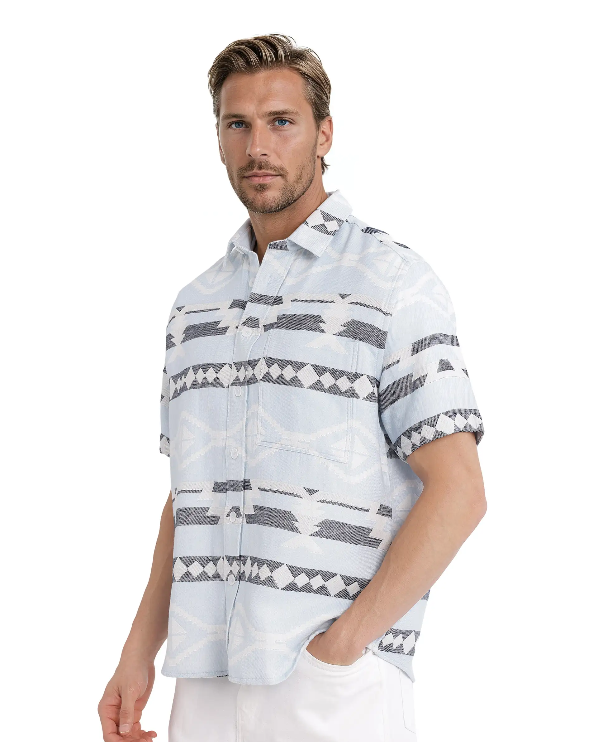 Rare Rabbit Men's Pamp Light Blue Cotton Jacquard Boxy Fit Half Sleeve Collared Shirt - Image 7