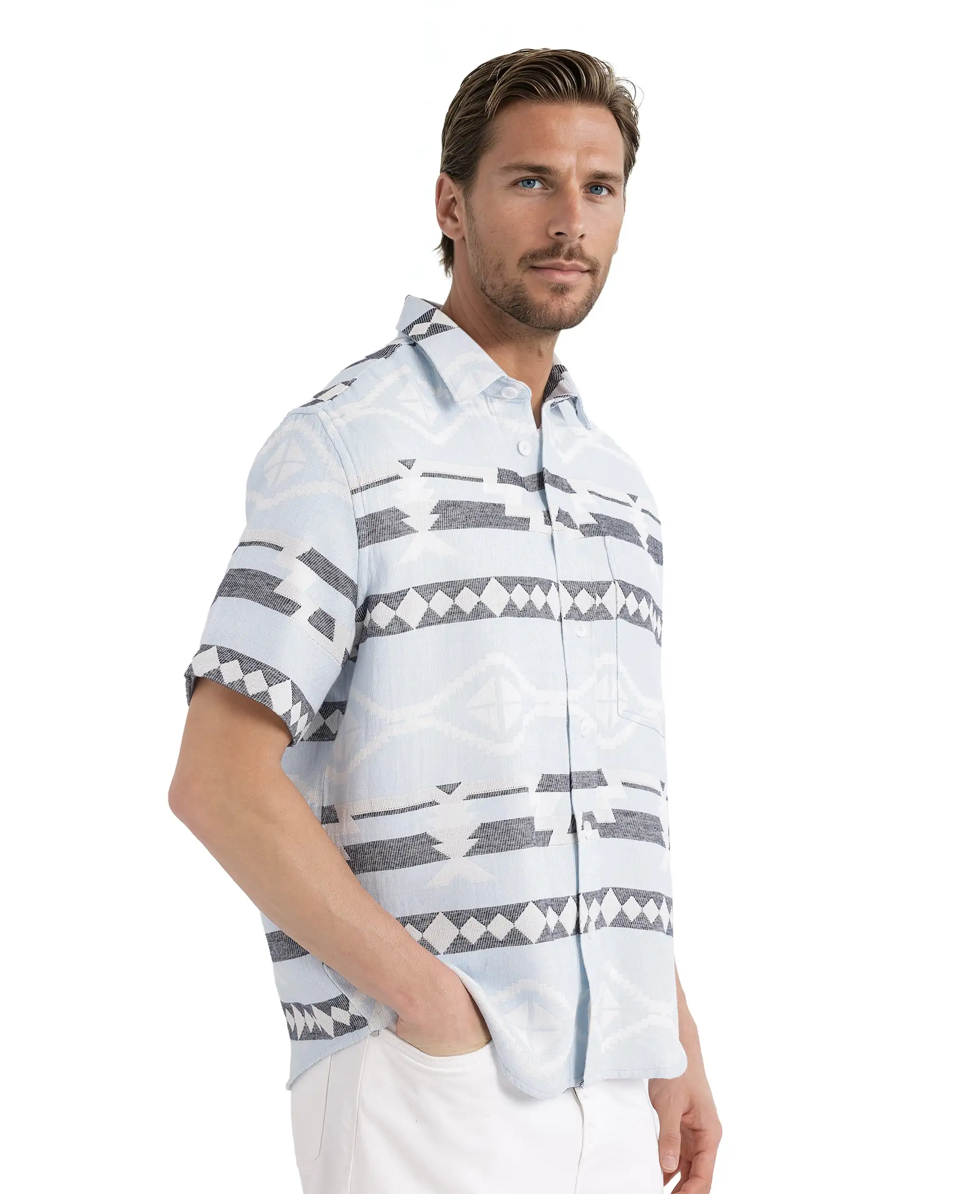 Rare Rabbit Men's Pamp Light Blue Cotton Jacquard Boxy Fit Half Sleeve Collared Shirt - Image 8
