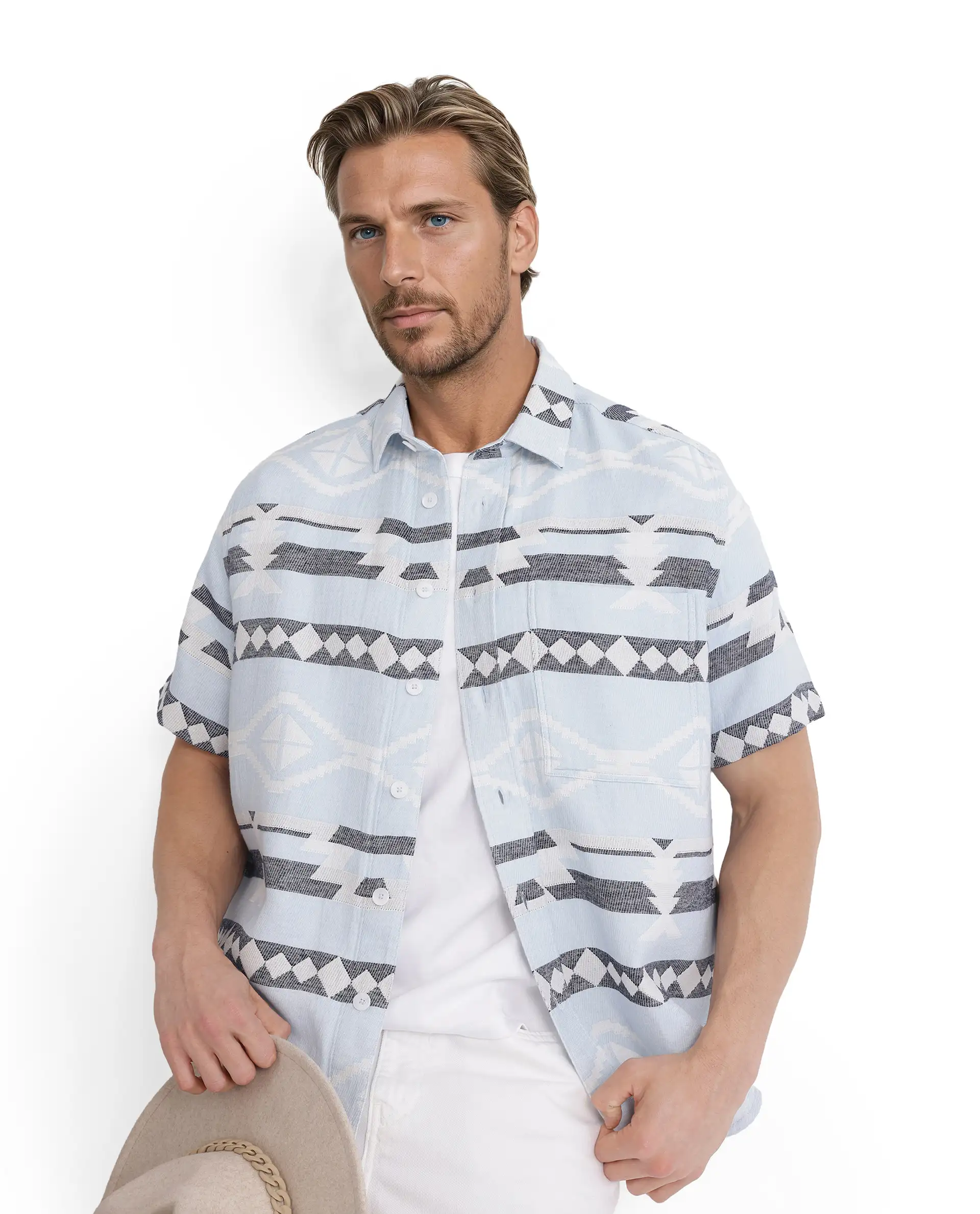 Rare Rabbit Men's Pamp Light Blue Cotton Jacquard Boxy Fit Half Sleeve Collared Shirt - Image 9