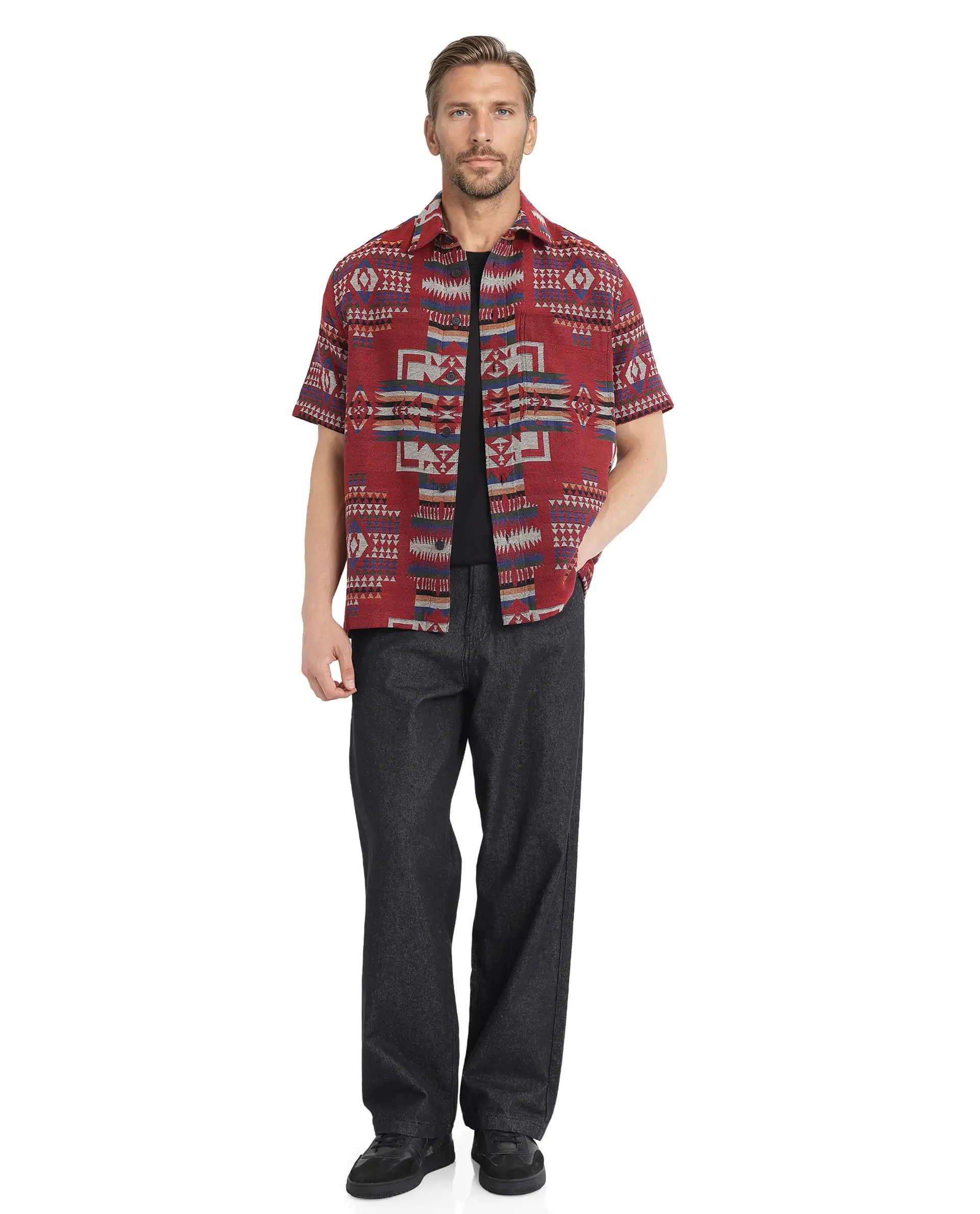 Rare Rabbit Men's Pamp Maroon Cotton Jacquard Boxy Fit Half Sleeve Collared Shirt - Image 2