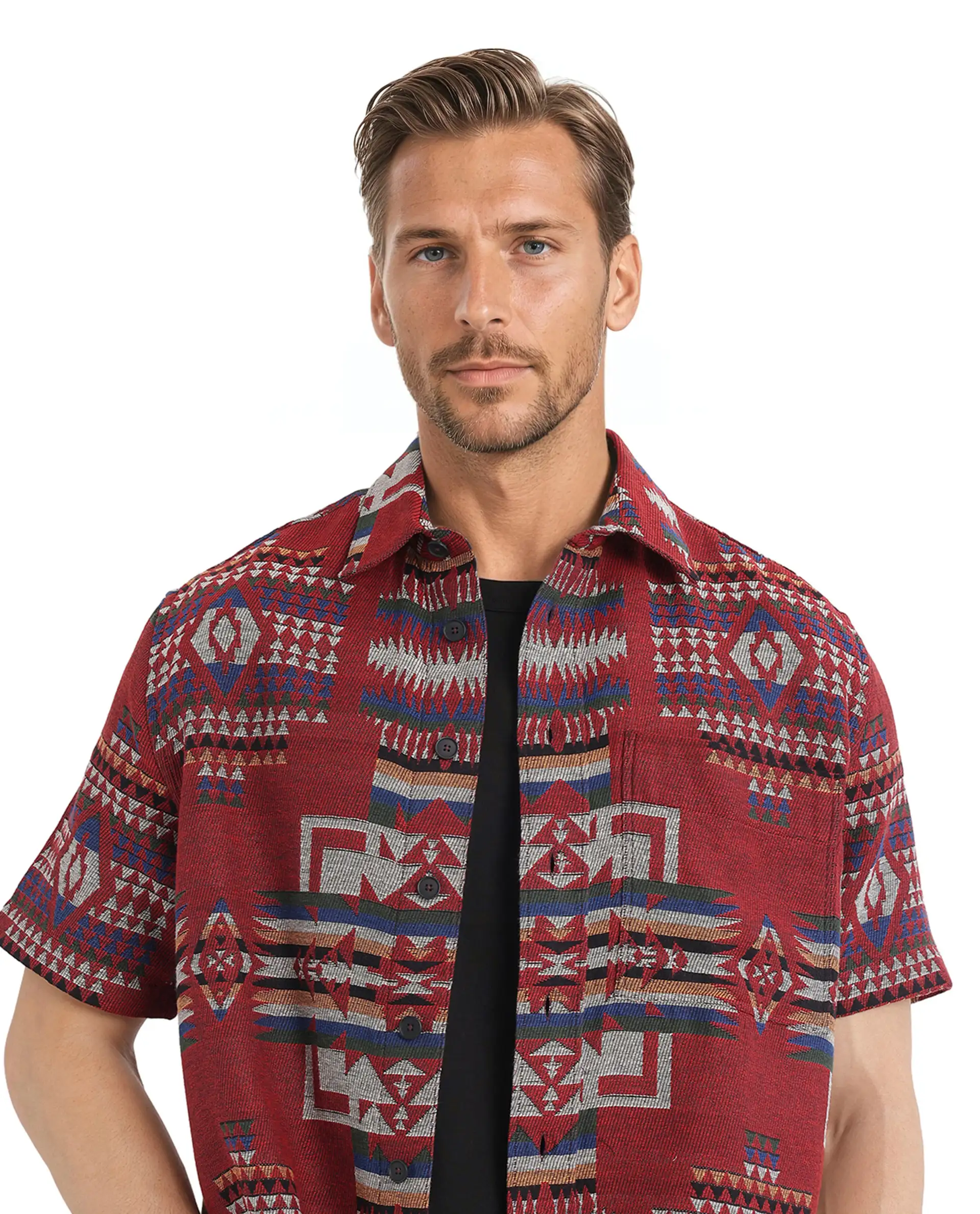 Rare Rabbit Men's Pamp Maroon Cotton Jacquard Boxy Fit Half Sleeve Collared Shirt - Image 3
