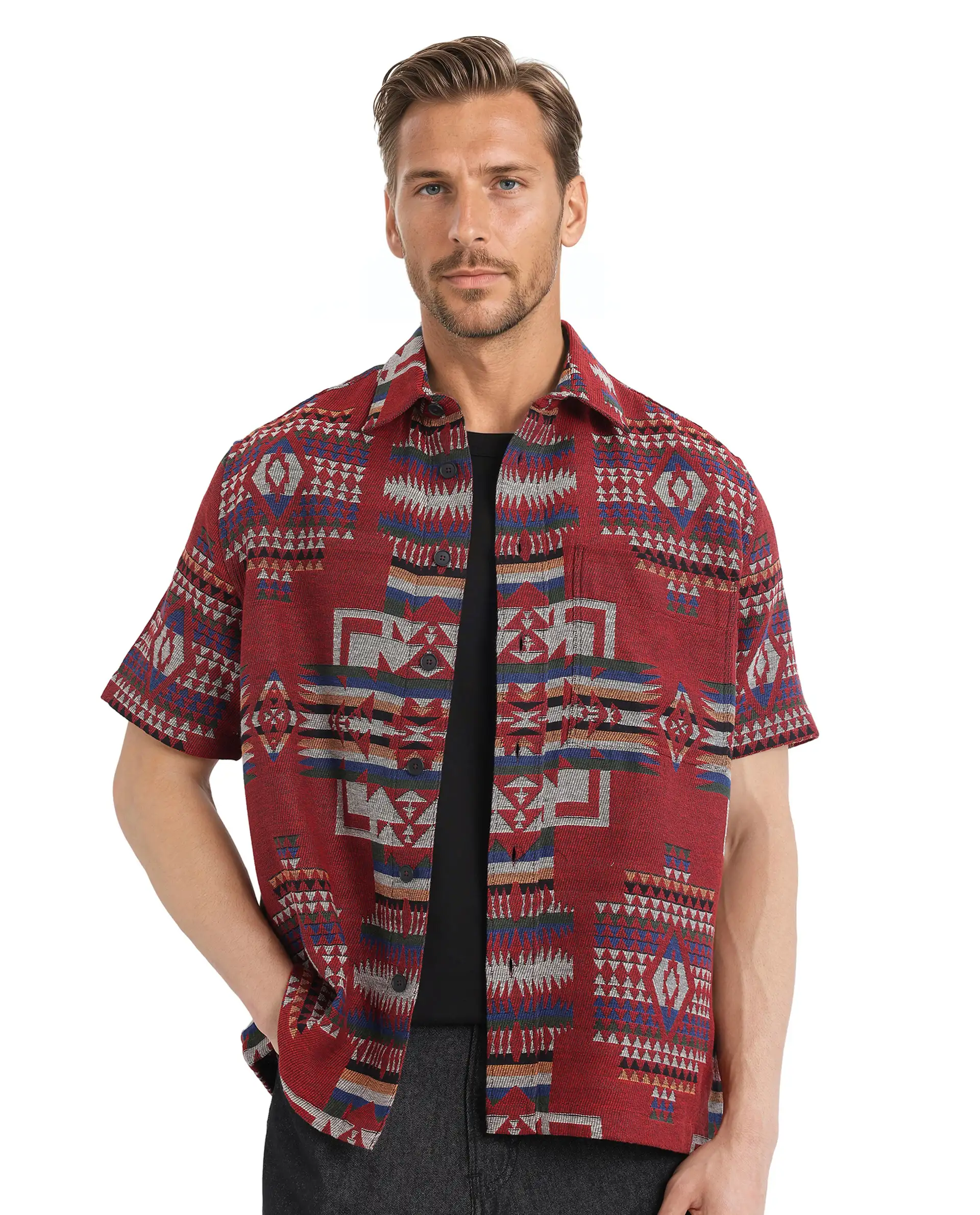 Rare Rabbit Men's Pamp Maroon Cotton Jacquard Boxy Fit Half Sleeve Collared Shirt - Image 4