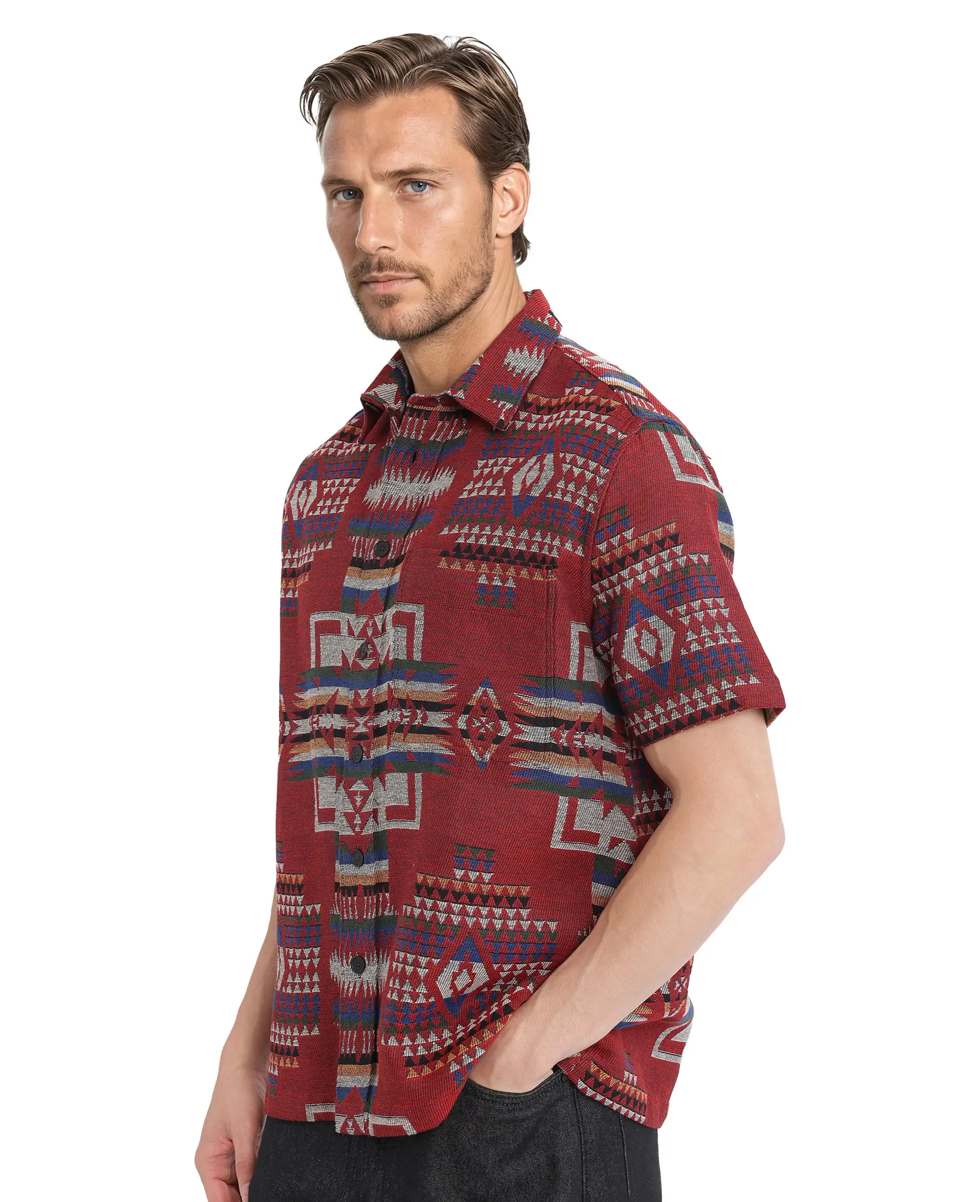 Rare Rabbit Men's Pamp Maroon Cotton Jacquard Boxy Fit Half Sleeve Collared Shirt - Image 6