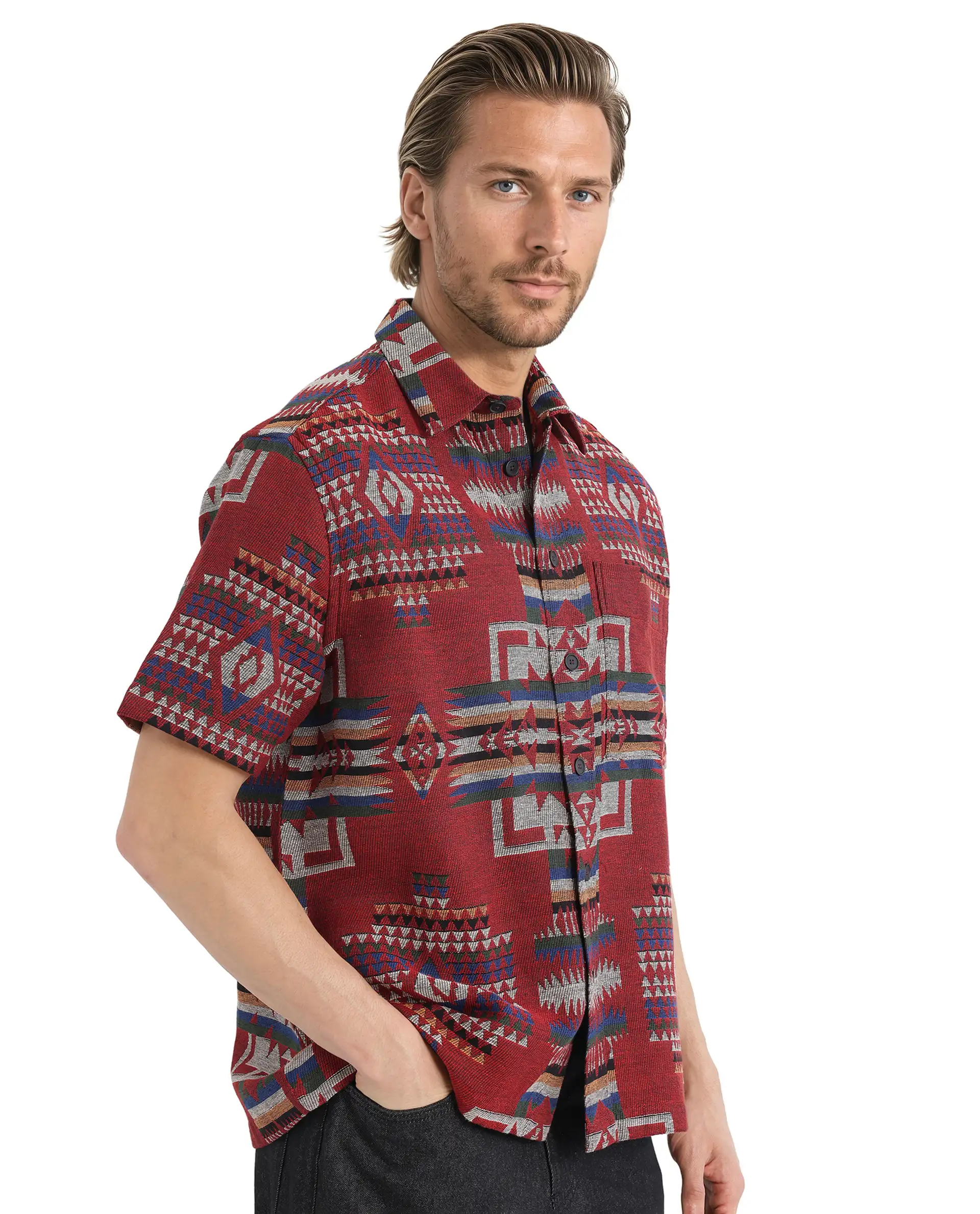 Rare Rabbit Men's Pamp Maroon Cotton Jacquard Boxy Fit Half Sleeve Collared Shirt - Image 7