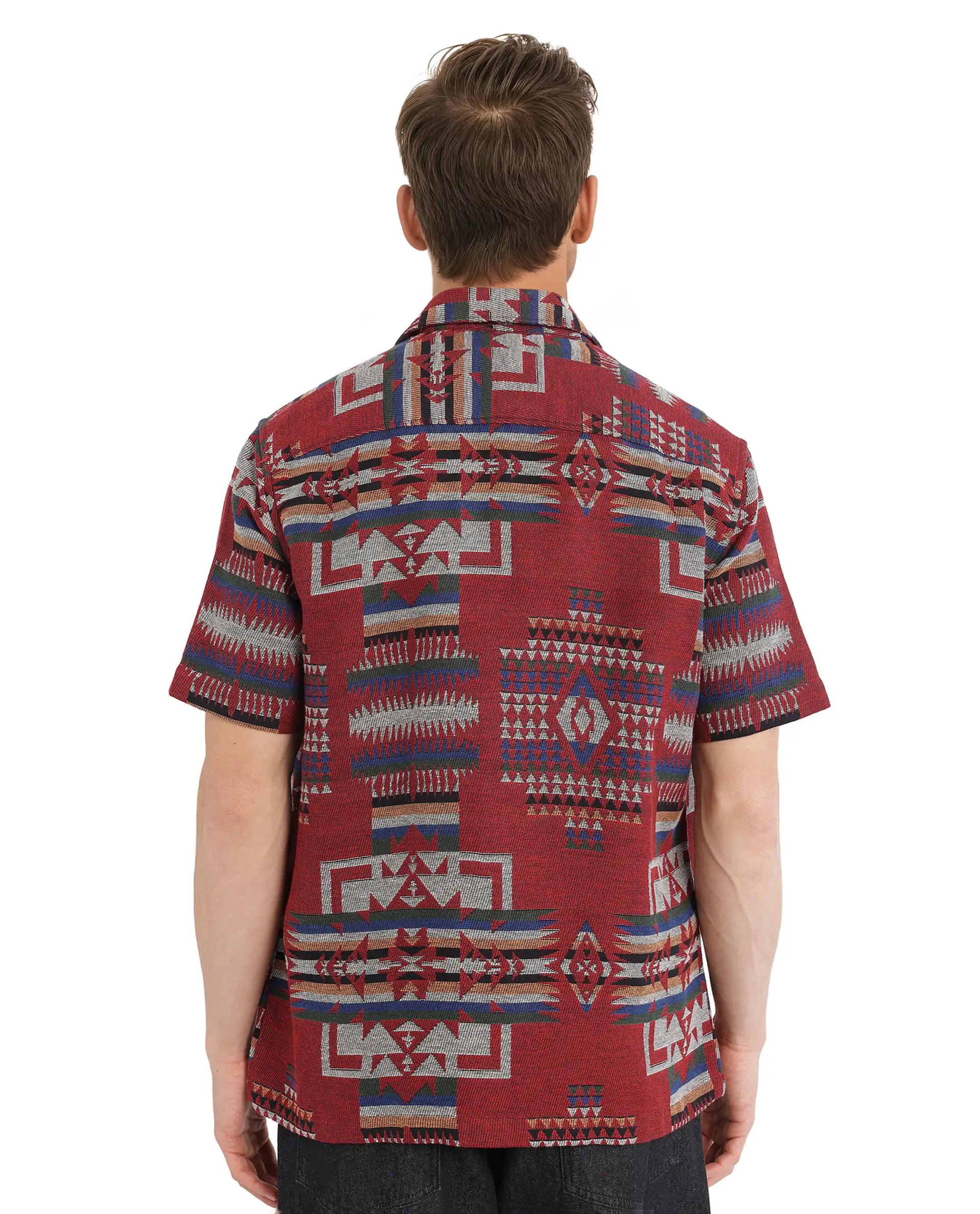 Rare Rabbit Men's Pamp Maroon Cotton Jacquard Boxy Fit Half Sleeve Collared Shirt - Image 8