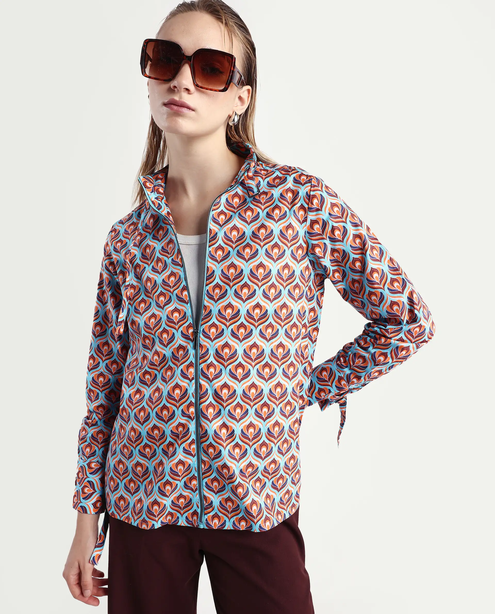 Rareism Women's Panache Multi Cotton High Neck Geometric Print Cuffed Sleeve Regular Fit Top